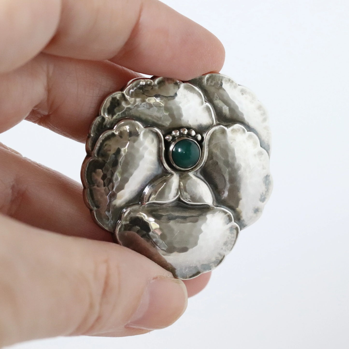 Georg Jensen Jewelry | Chrysoprase Pansy Art Nouveau Silver Vintage Brooch 113 - Carmel Fine Silver Jewelry