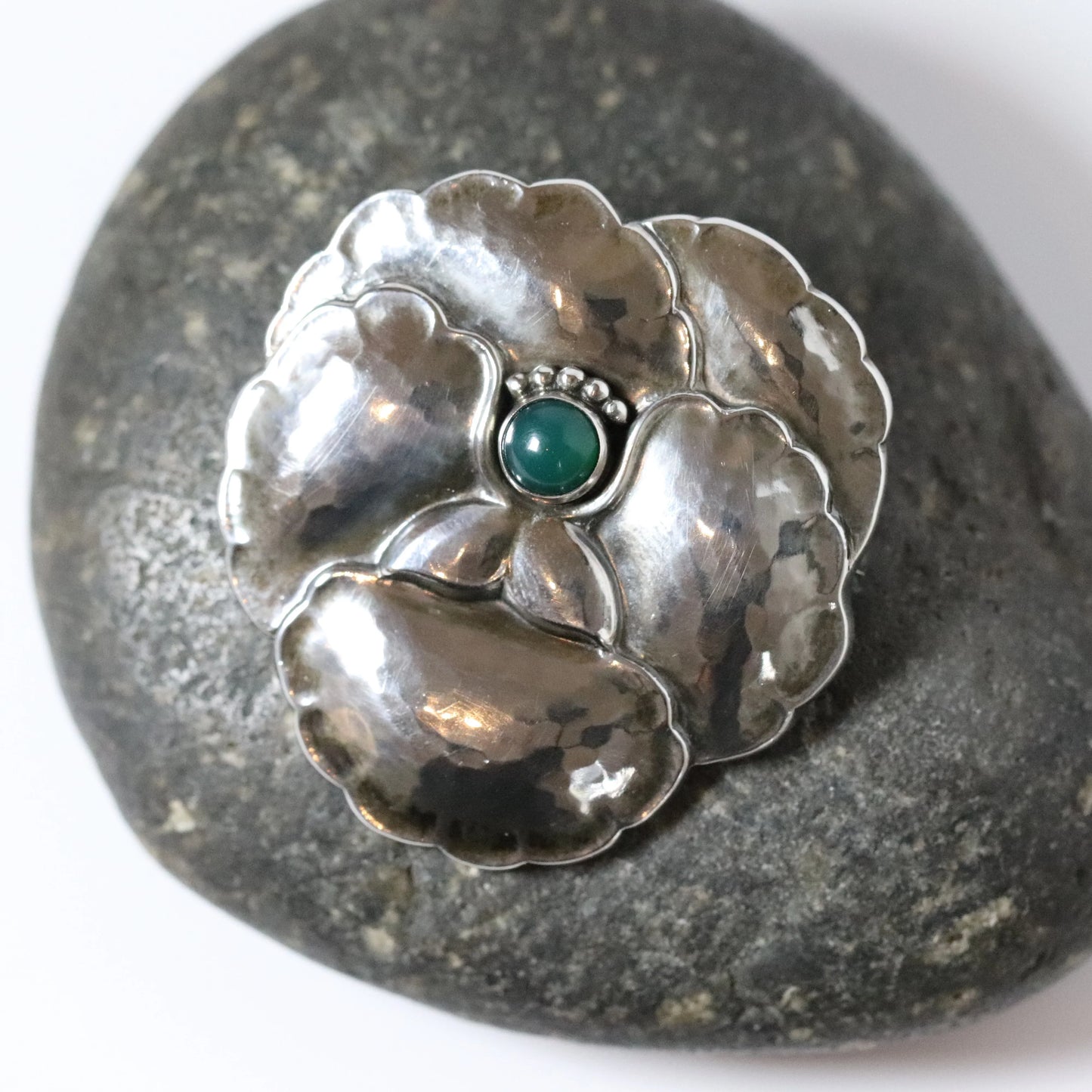 Georg Jensen Jewelry | Chrysoprase Pansy Art Nouveau Silver Vintage Brooch 113 - Carmel Fine Silver Jewelry