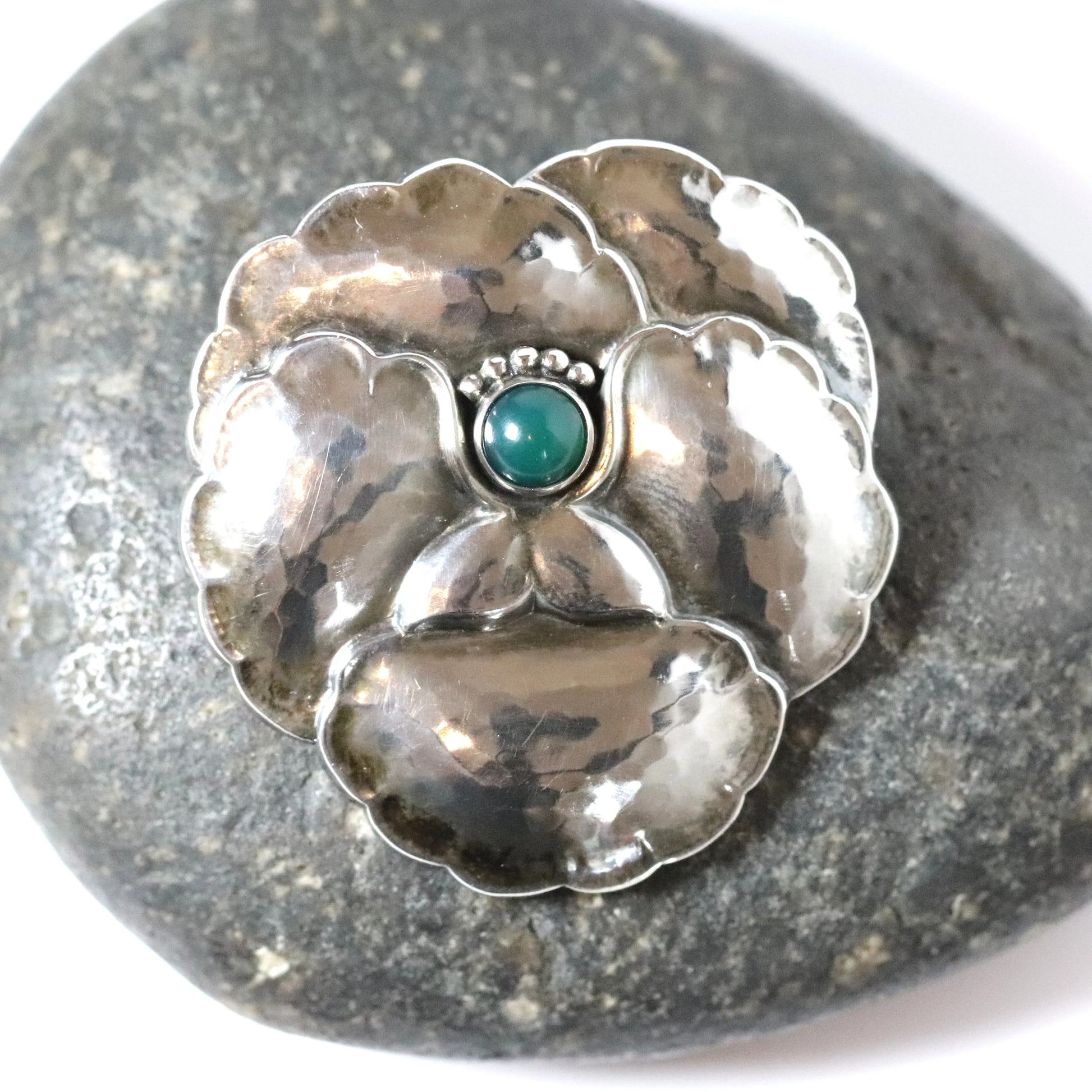 Georg Jensen Jewelry | Chrysoprase Pansy Art Nouveau Silver Vintage Brooch 113 - Carmel Fine Silver Jewelry