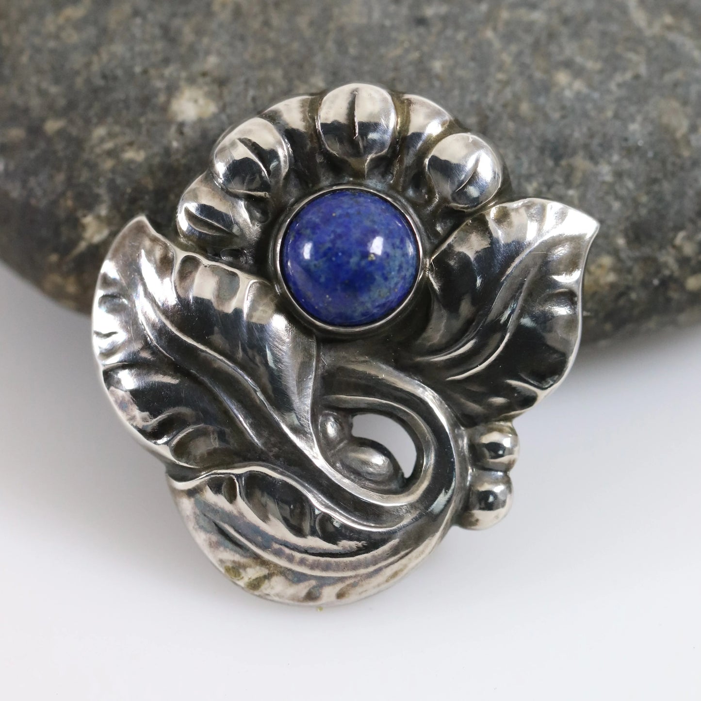 Georg Jensen Jewelry | Lapis Lazuli Floral Art Nouveau Silver Vintage Brooch 71 - Carmel Fine Silver Jewelry