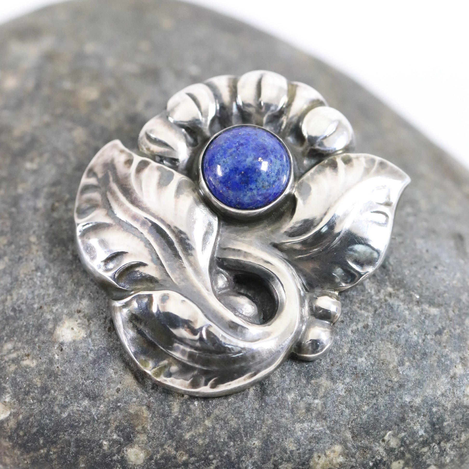 Georg Jensen Jewelry | Lapis Lazuli Floral Art Nouveau Silver Vintage Brooch 71 - Carmel Fine Silver Jewelry