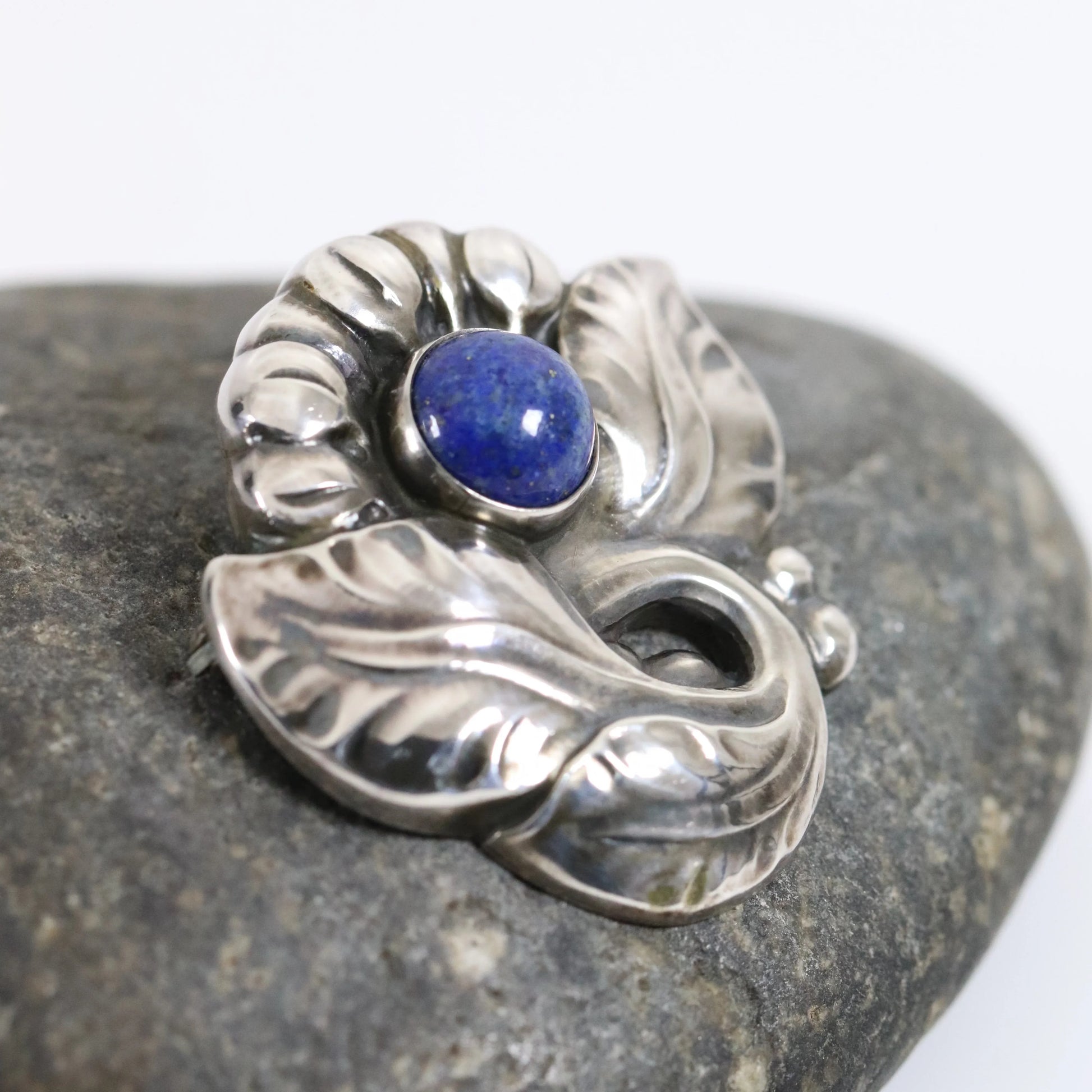 Georg Jensen Jewelry | Lapis Lazuli Floral Art Nouveau Silver Vintage Brooch 71 - Carmel Fine Silver Jewelry