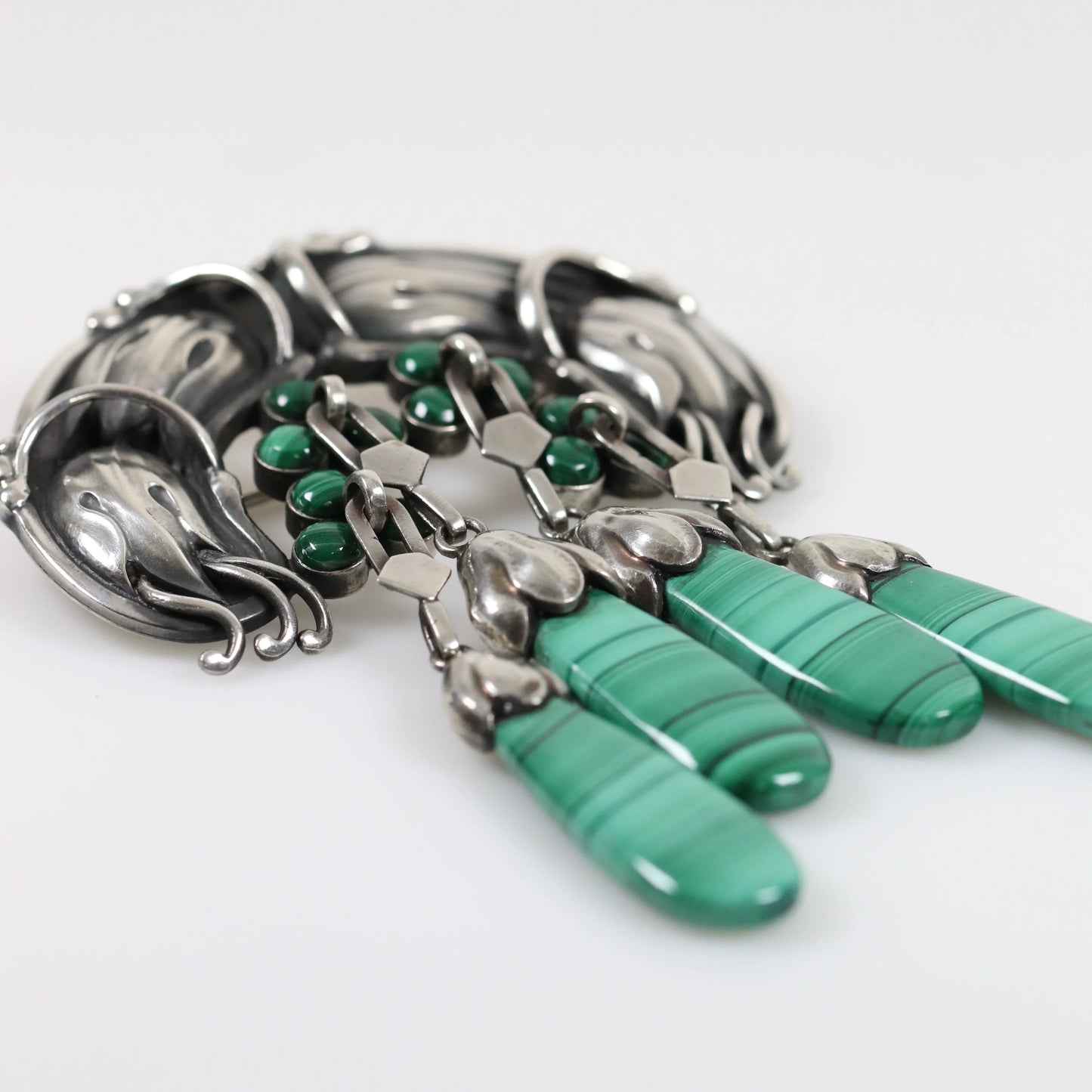 Georg Jensen Jewelry | Malachite Art Nouveau Master Silver Vintage Brooch 22 - Carmel Fine Silver Jewelry