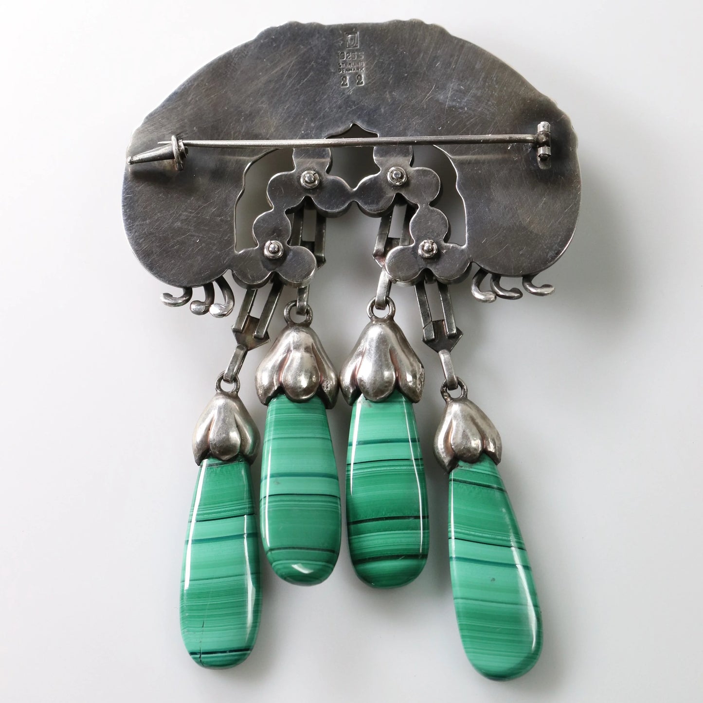 Georg Jensen Jewelry | Malachite Art Nouveau Master Silver Vintage Brooch 22 - Carmel Fine Silver Jewelry