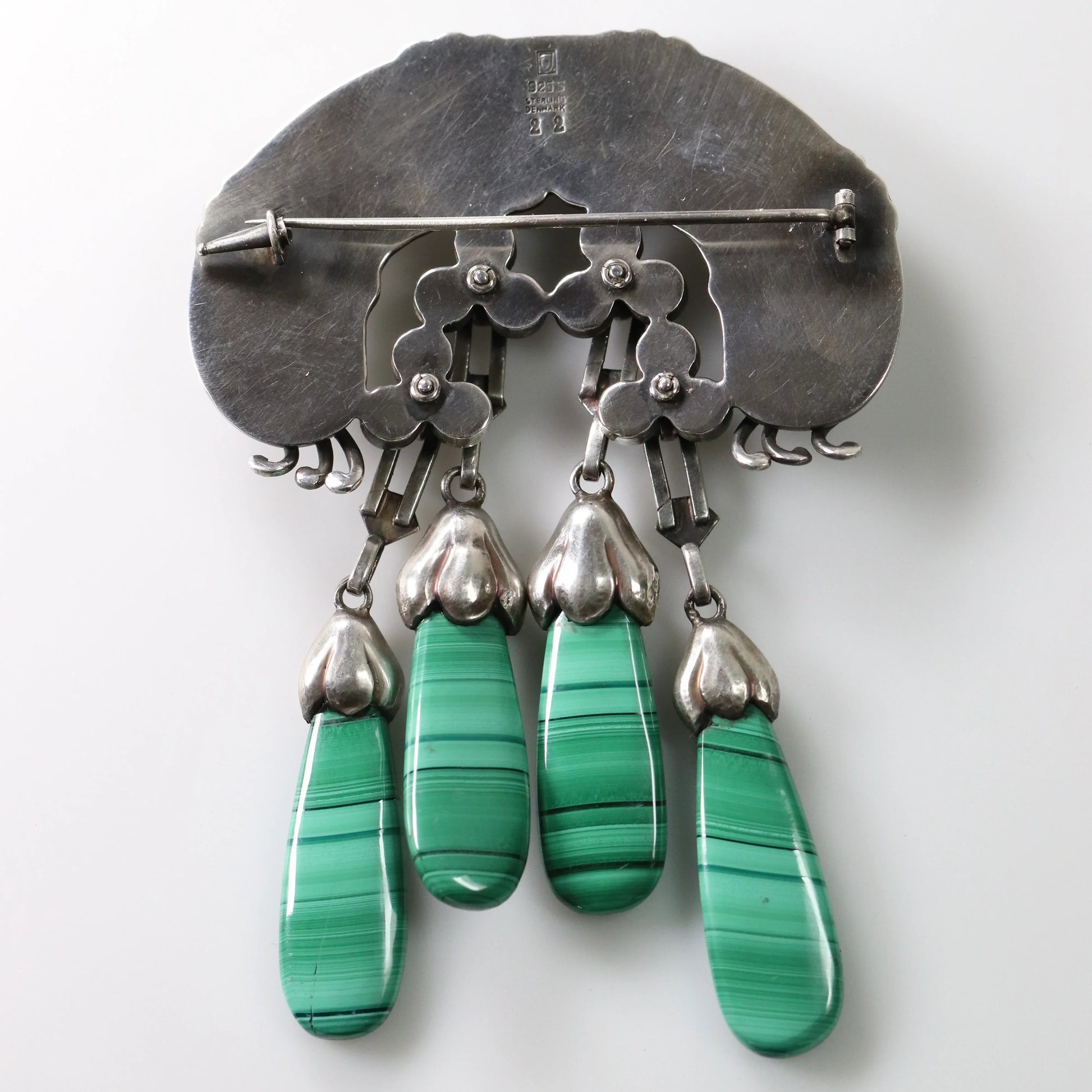 Georg Jensen Jewelry | Malachite Art Nouveau Master Silver Vintage Brooch 22 - Carmel Fine Silver Jewelry