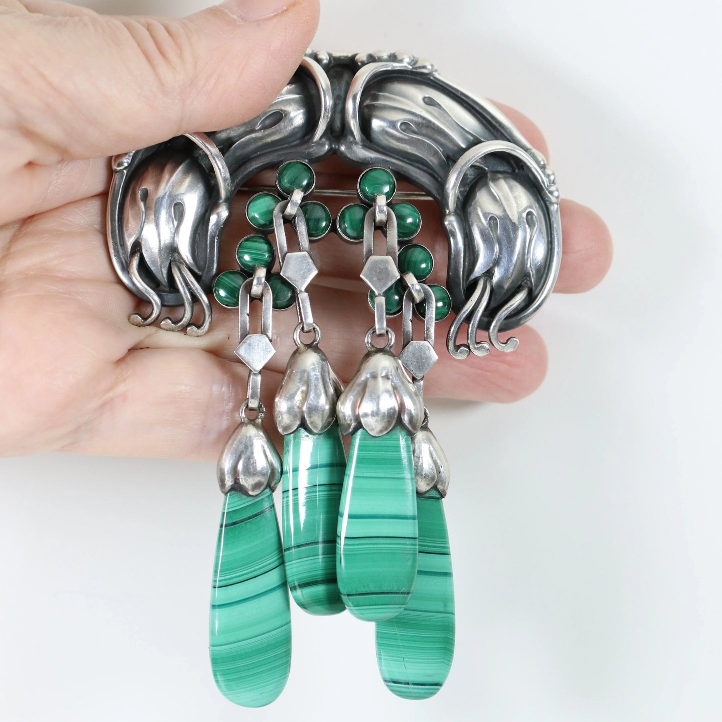 Georg Jensen Jewelry | Malachite Art Nouveau Master Silver Vintage Brooch 22 - Carmel Fine Silver Jewelry