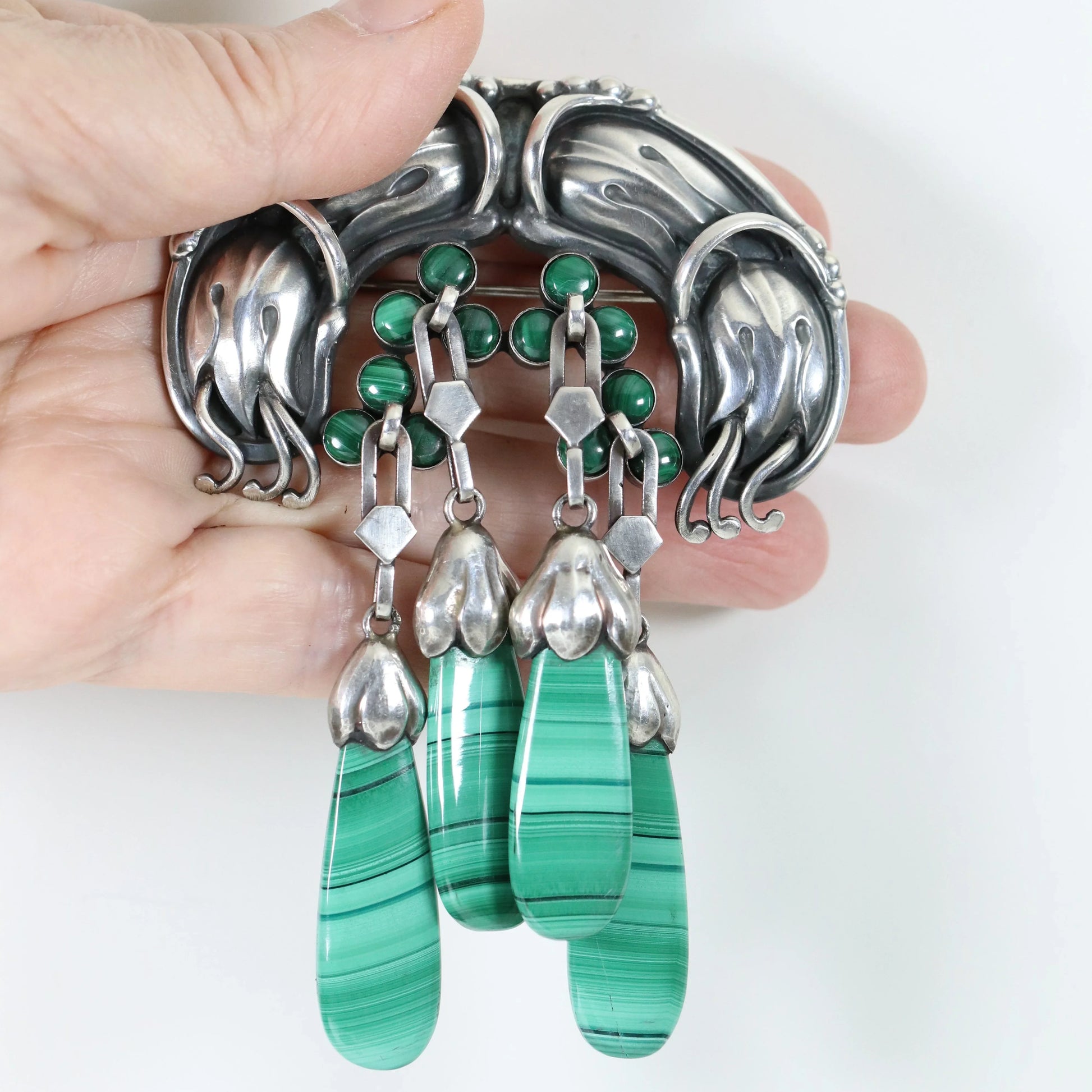 Georg Jensen Jewelry | Malachite Art Nouveau Master Silver Vintage Brooch 22 - Carmel Fine Silver Jewelry
