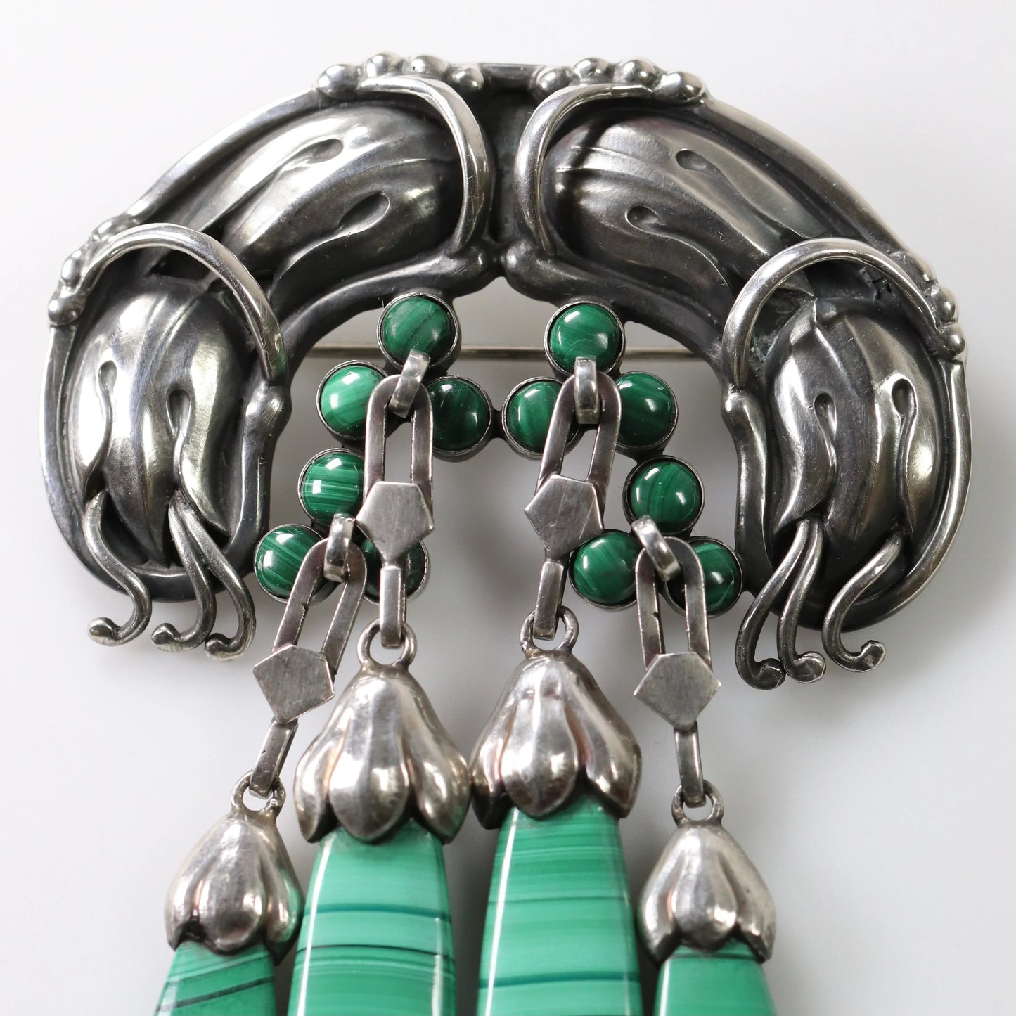 Georg Jensen Jewelry | Malachite Art Nouveau Master Silver Vintage Brooch 22 - Carmel Fine Silver Jewelry