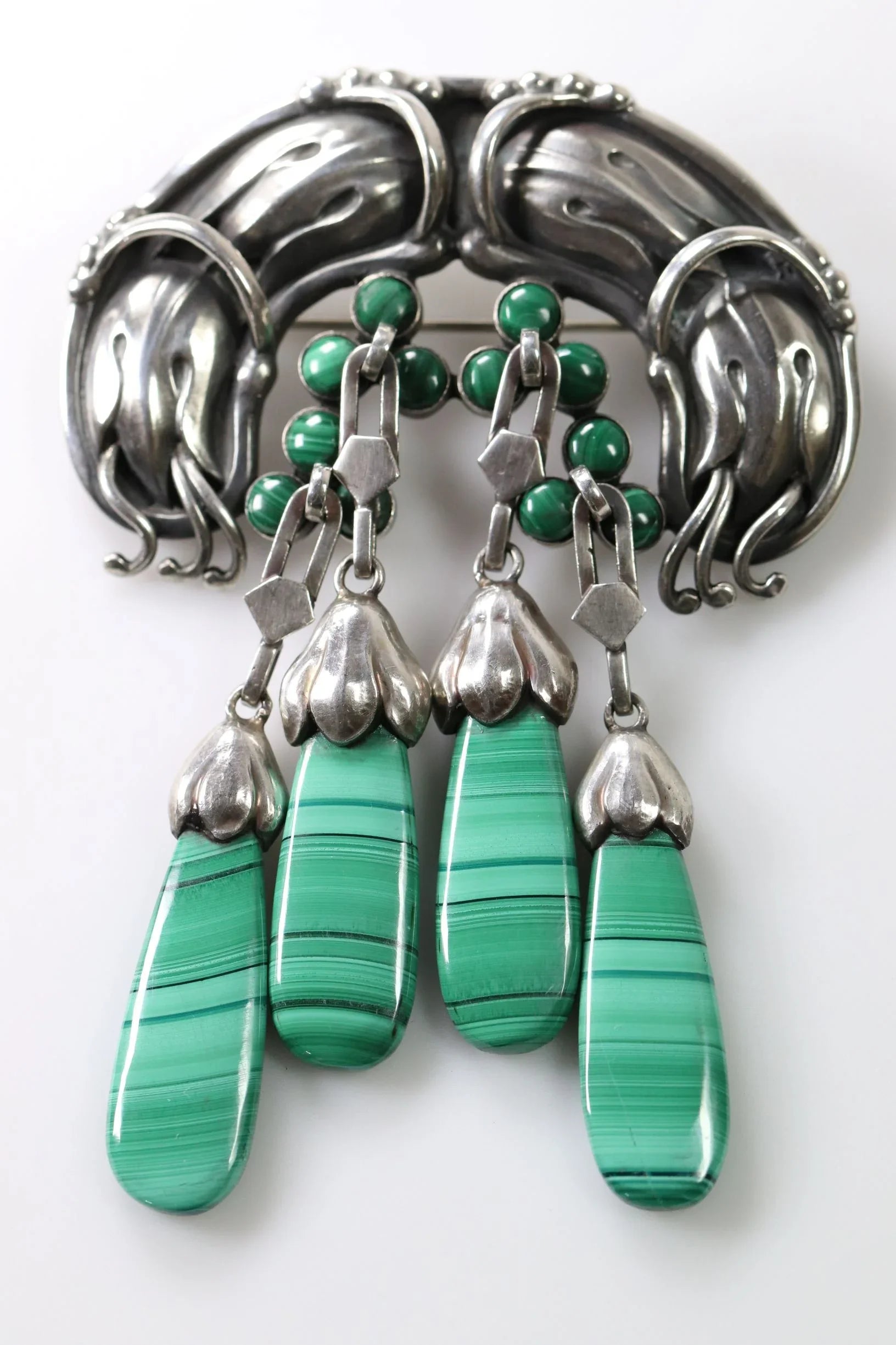 Georg Jensen Jewelry | Malachite Art Nouveau Master Silver Vintage Brooch 22 - Carmel Fine Silver Jewelry