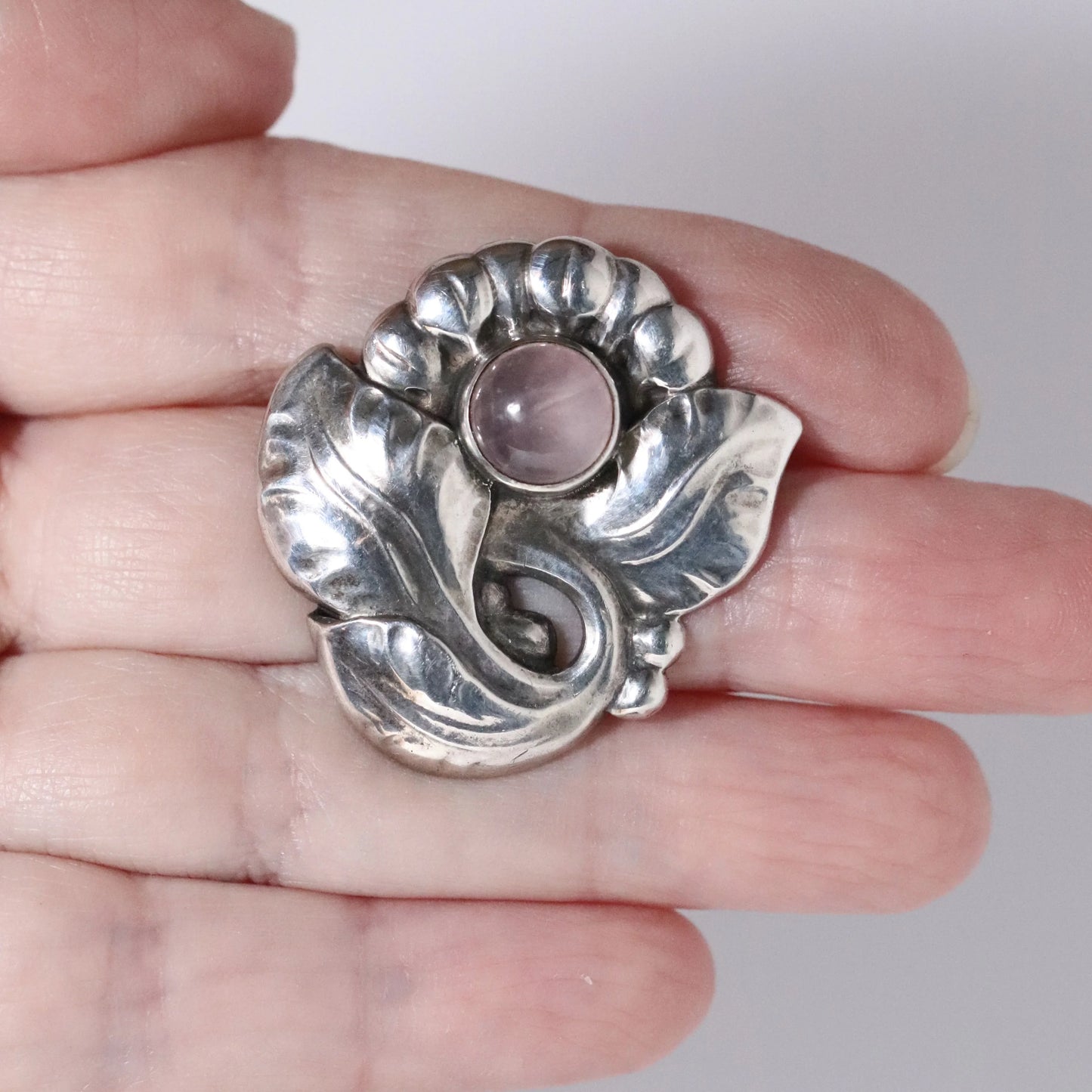 Georg Jensen Jewelry | Pink Quartz Floral Art Nouveau Silver Vintage Brooch 71 - Carmel Fine Silver Jewelry