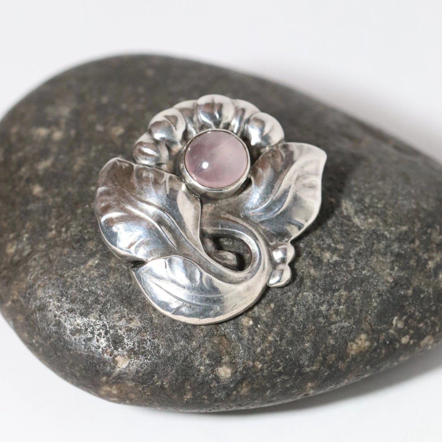 Georg Jensen Jewelry | Pink Quartz Floral Art Nouveau Silver Vintage Brooch 71 - Carmel Fine Silver Jewelry