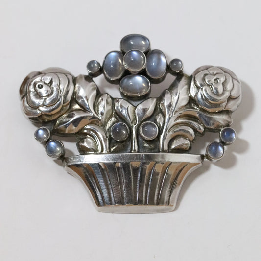 Georg Jensen sterling silver floral brooch with moonstone cabochons, vintage jewelry