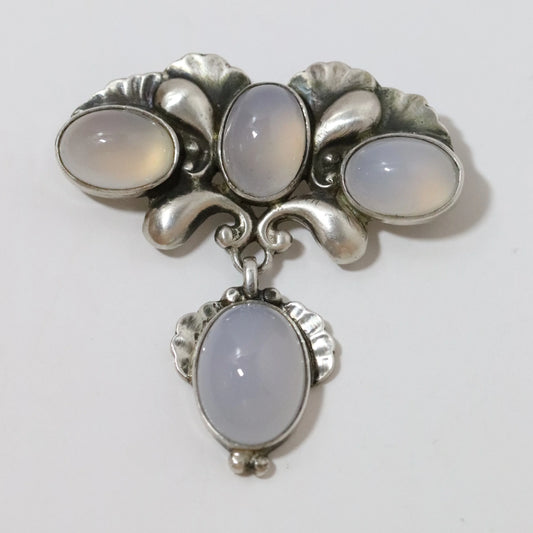 Georg Jensen silver brooch with four oval moonstone cabochons, floral Art Nouveau design