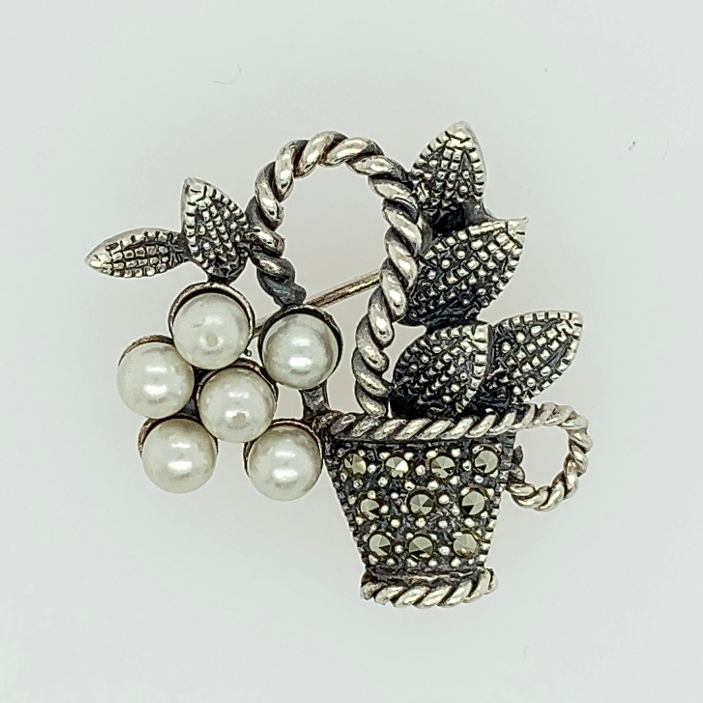 Sterling Silver Marcasite Pearl Basket Vintage Pin