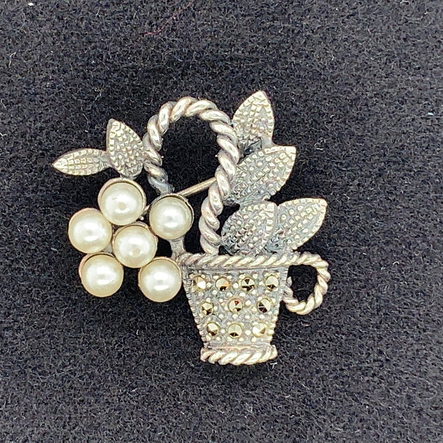 Sterling Silver Marcasite Pearl Basket Vintage Pin