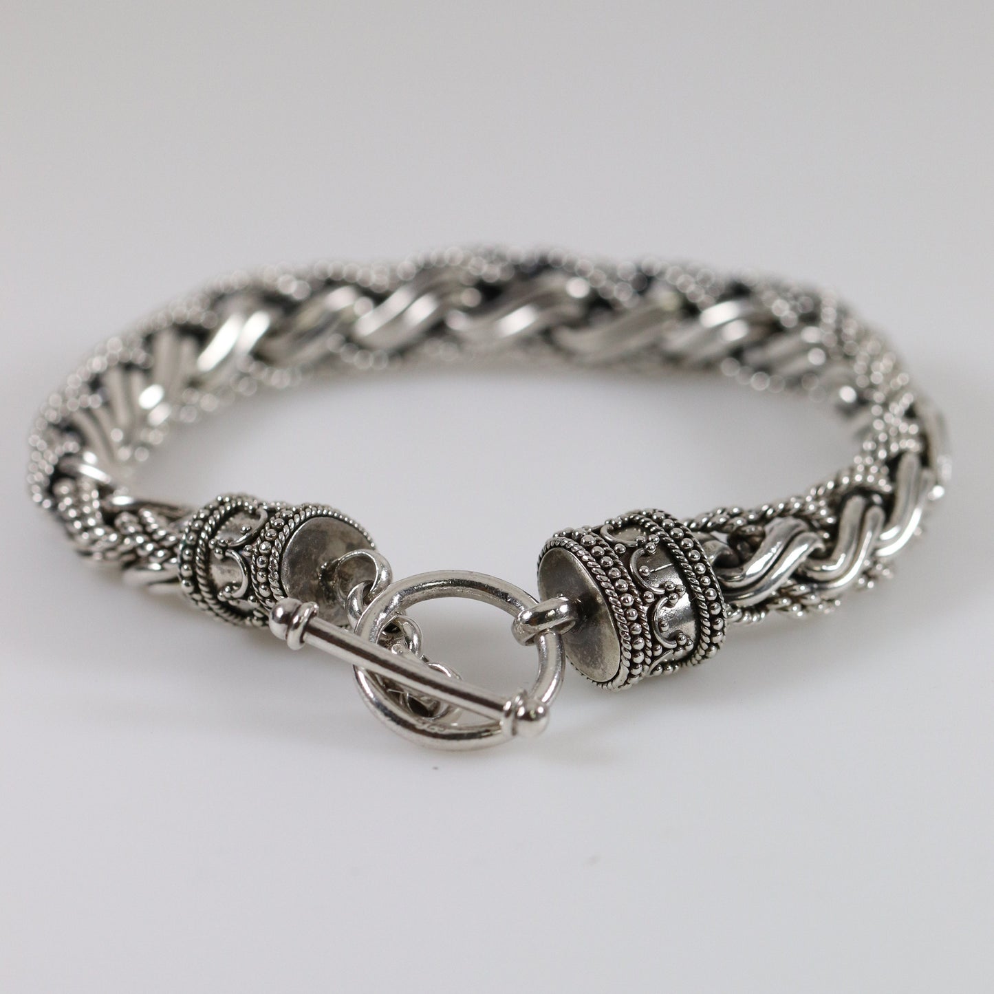 Heavy Braided Wheat Chain Link Bracelet | Vintage Sterling Silver | Ornate Byzantine Toggle