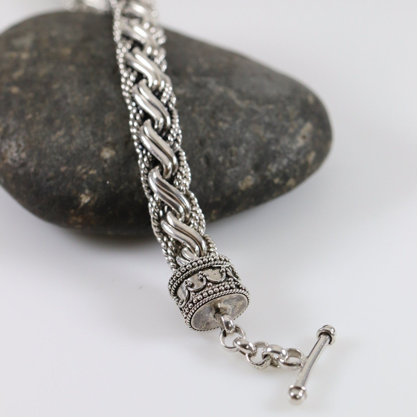 Heavy Braided Wheat Chain Link Bracelet | Vintage Sterling Silver | Ornate Byzantine Toggle