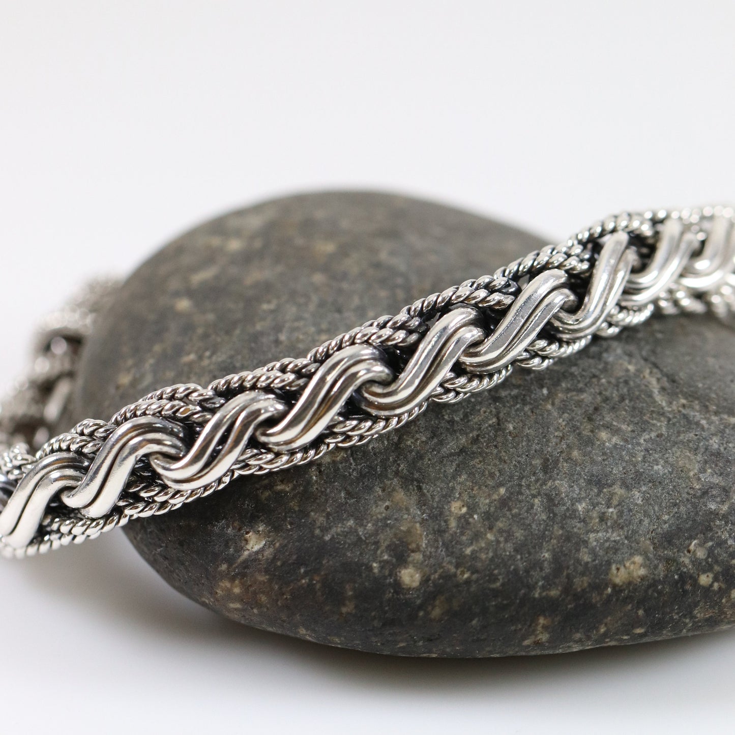 Heavy Braided Wheat Chain Link Bracelet | Vintage Sterling Silver | Ornate Byzantine Toggle