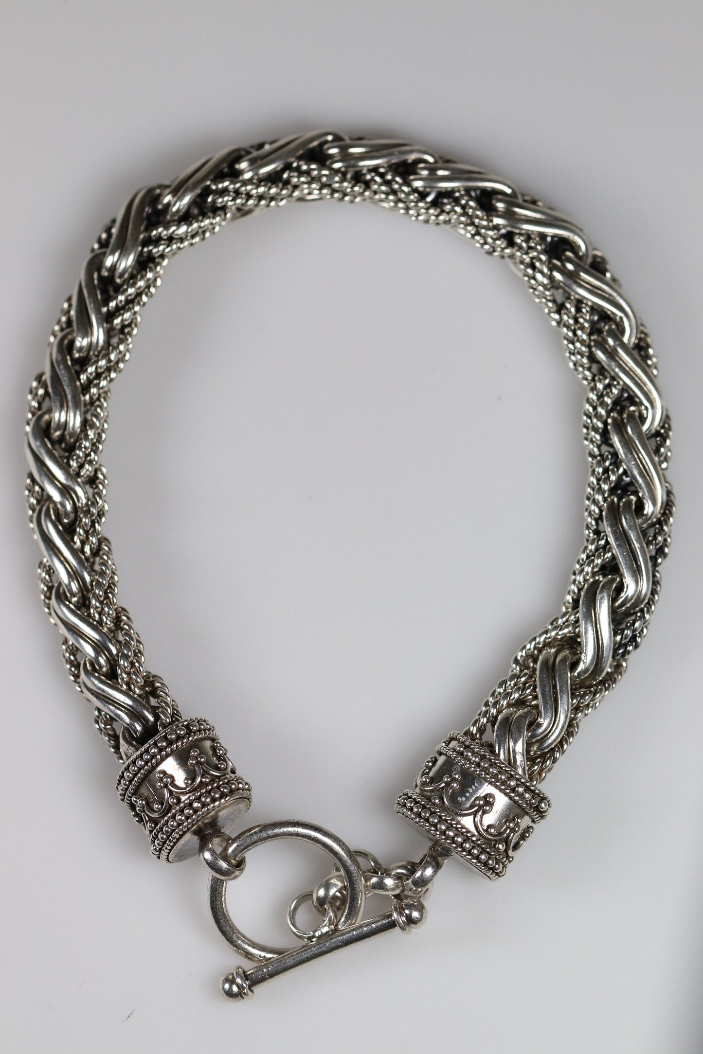 Heavy Braided Wheat Chain Link Bracelet | Vintage Sterling Silver | Ornate Byzantine Toggle