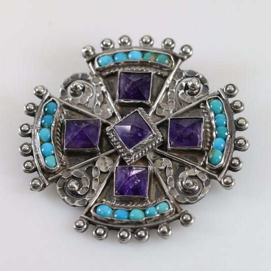 Vintage MATL Amethyst Turquoise Coral Brooch | Ricardo Salas Sterling Silver Pin Mexico