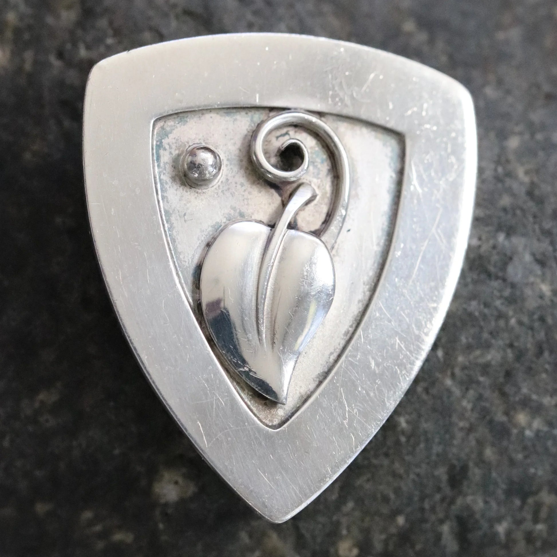 Lawrence Foss Leaf Brooch | Vintage Sterling Silver | Silver Cabochon Mid-Century USA - Carmel Fine Silver Jewelry