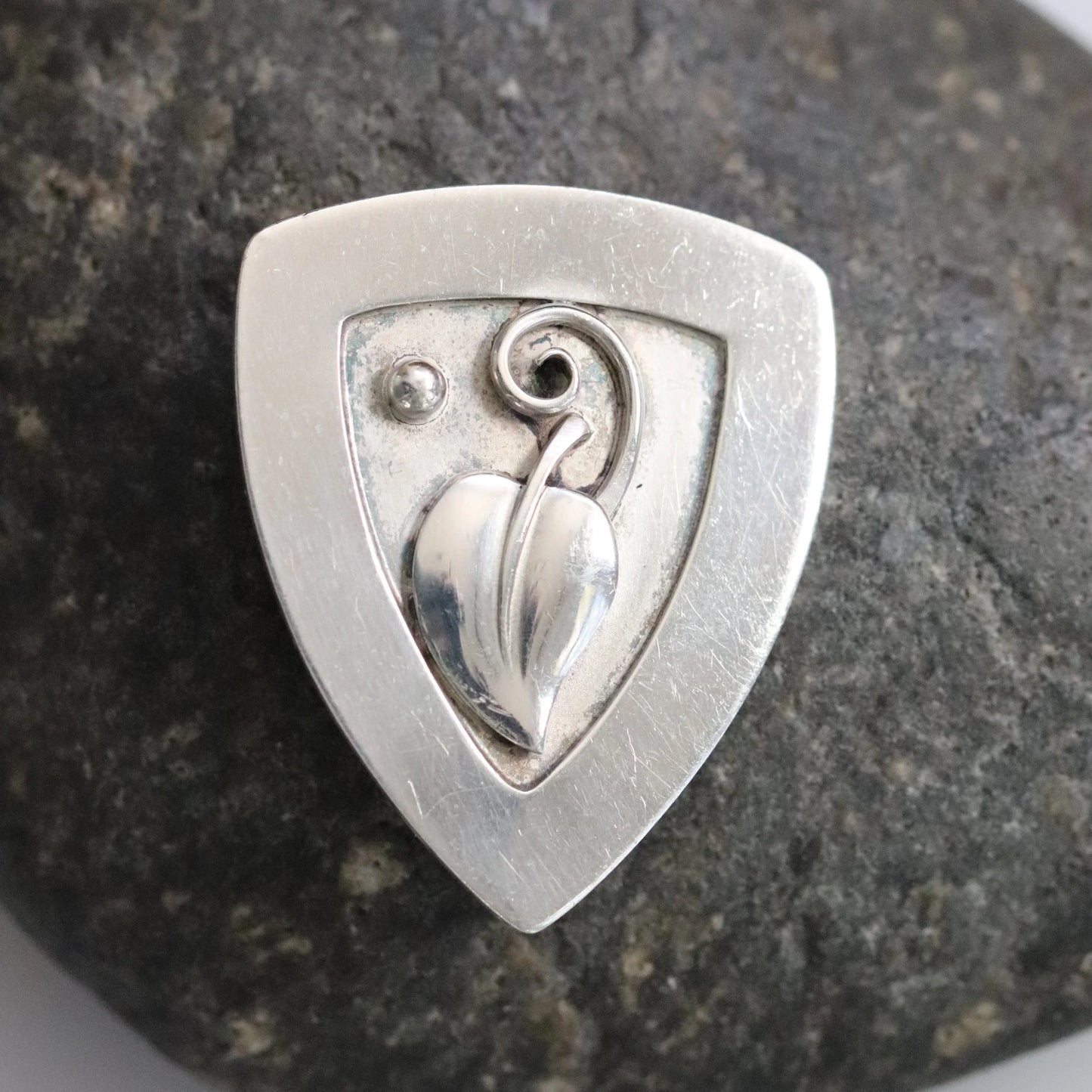 Lawrence Foss Leaf Brooch | Vintage Sterling Silver | Silver Cabochon Mid-Century USA - Carmel Fine Silver Jewelry