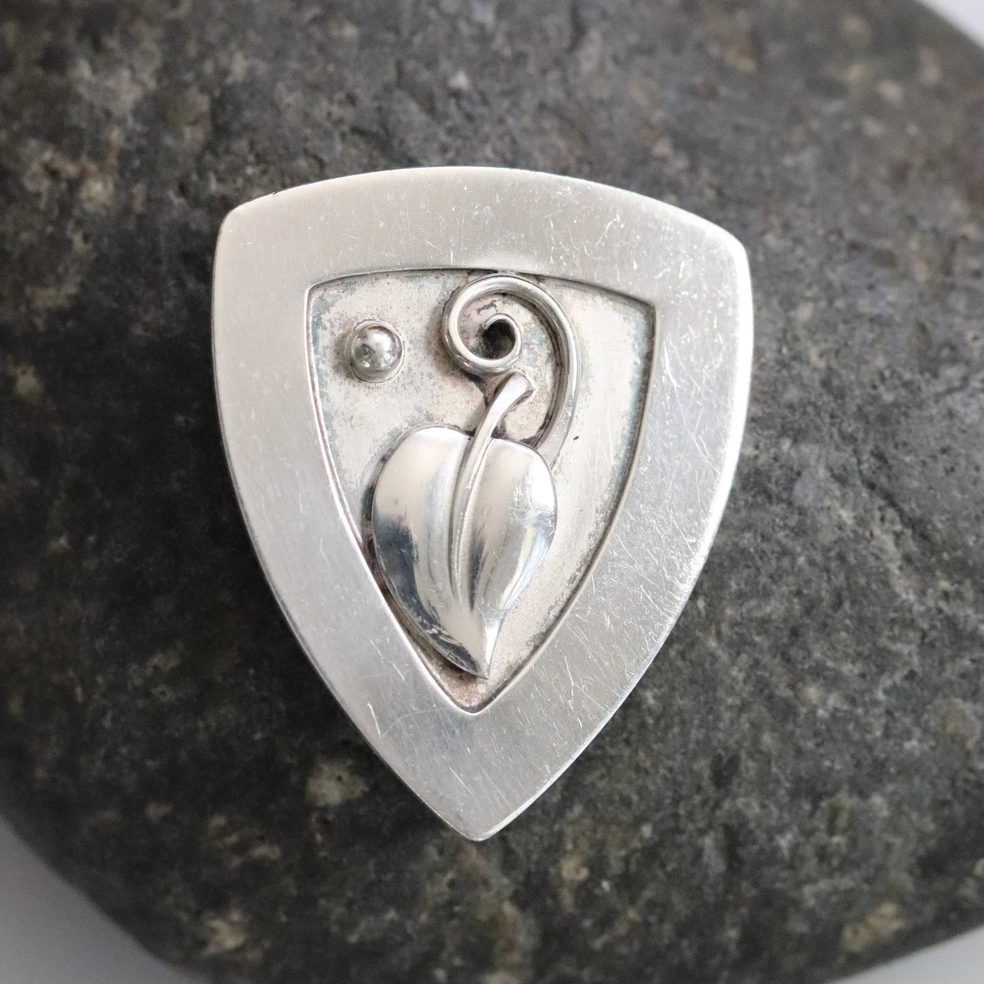 Lawrence Foss Leaf Brooch | Vintage Sterling Silver | Silver Cabochon Mid-Century USA - Carmel Fine Silver Jewelry