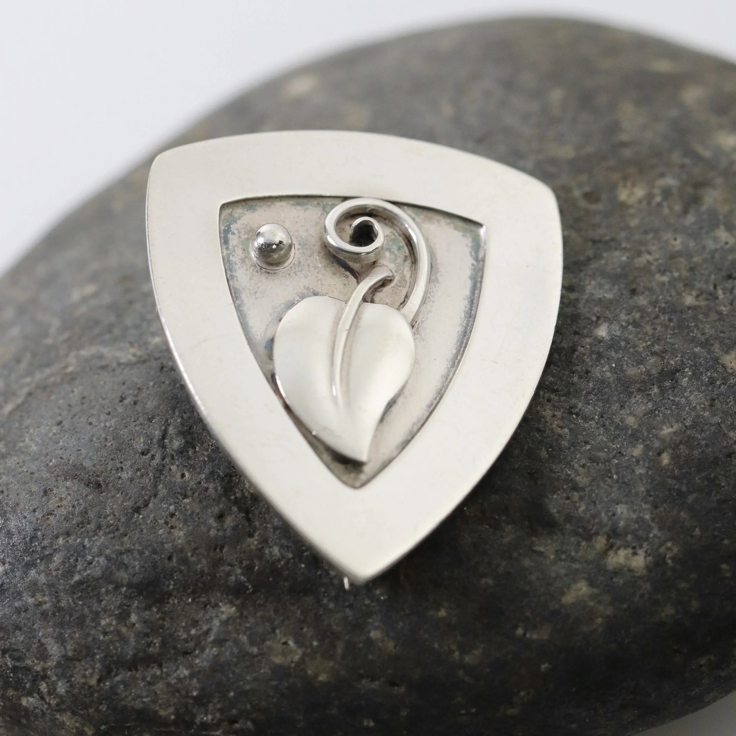Lawrence Foss Leaf Brooch | Vintage Sterling Silver | Silver Cabochon Mid-Century USA - Carmel Fine Silver Jewelry