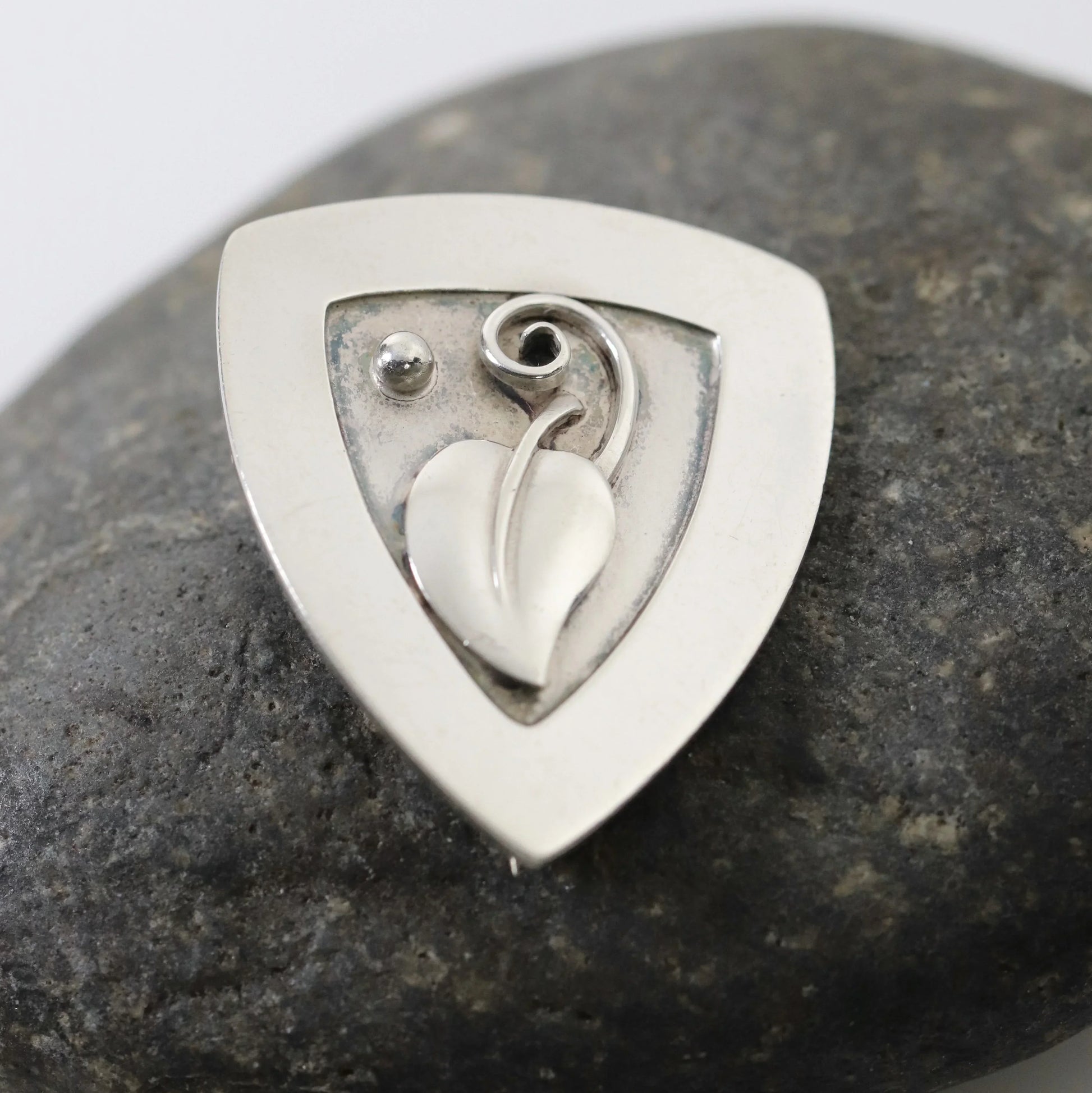 Lawrence Foss Leaf Brooch | Vintage Sterling Silver | Silver Cabochon Mid-Century USA - Carmel Fine Silver Jewelry