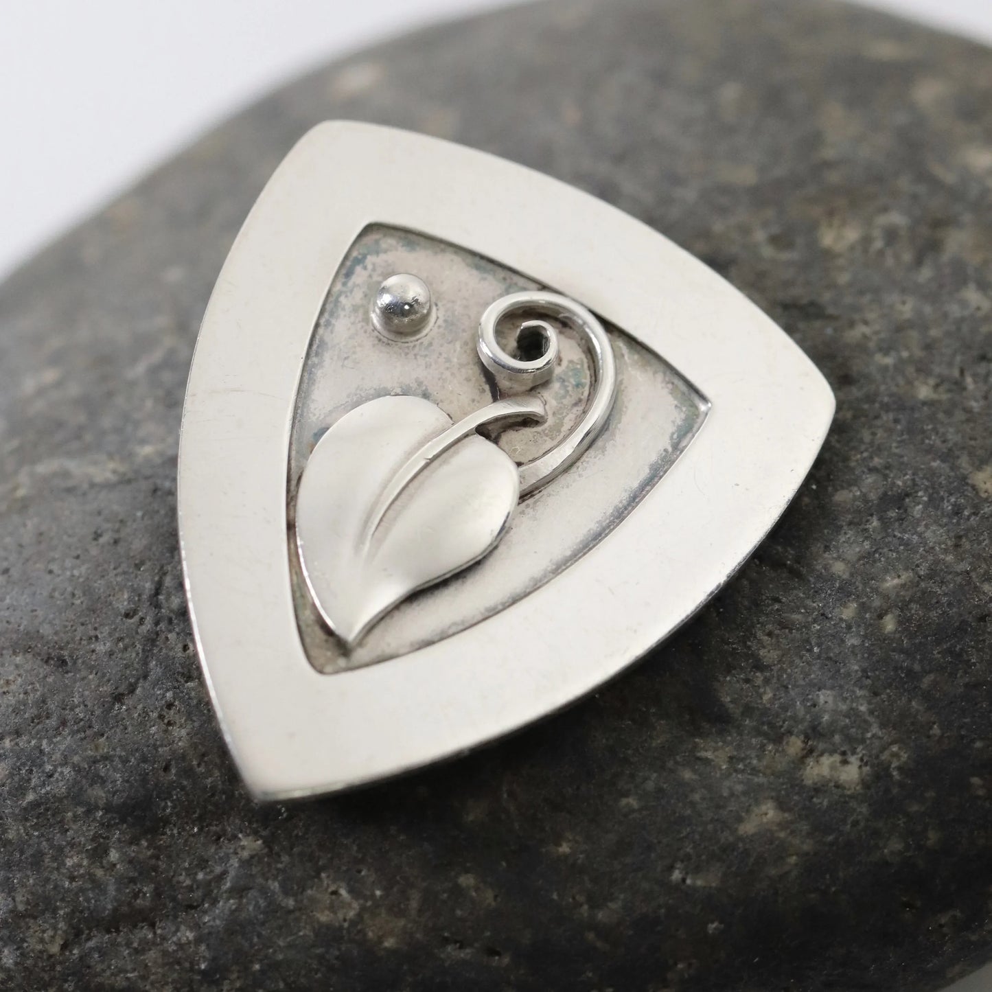 Lawrence Foss Leaf Brooch | Vintage Sterling Silver | Silver Cabochon Mid-Century USA - Carmel Fine Silver Jewelry