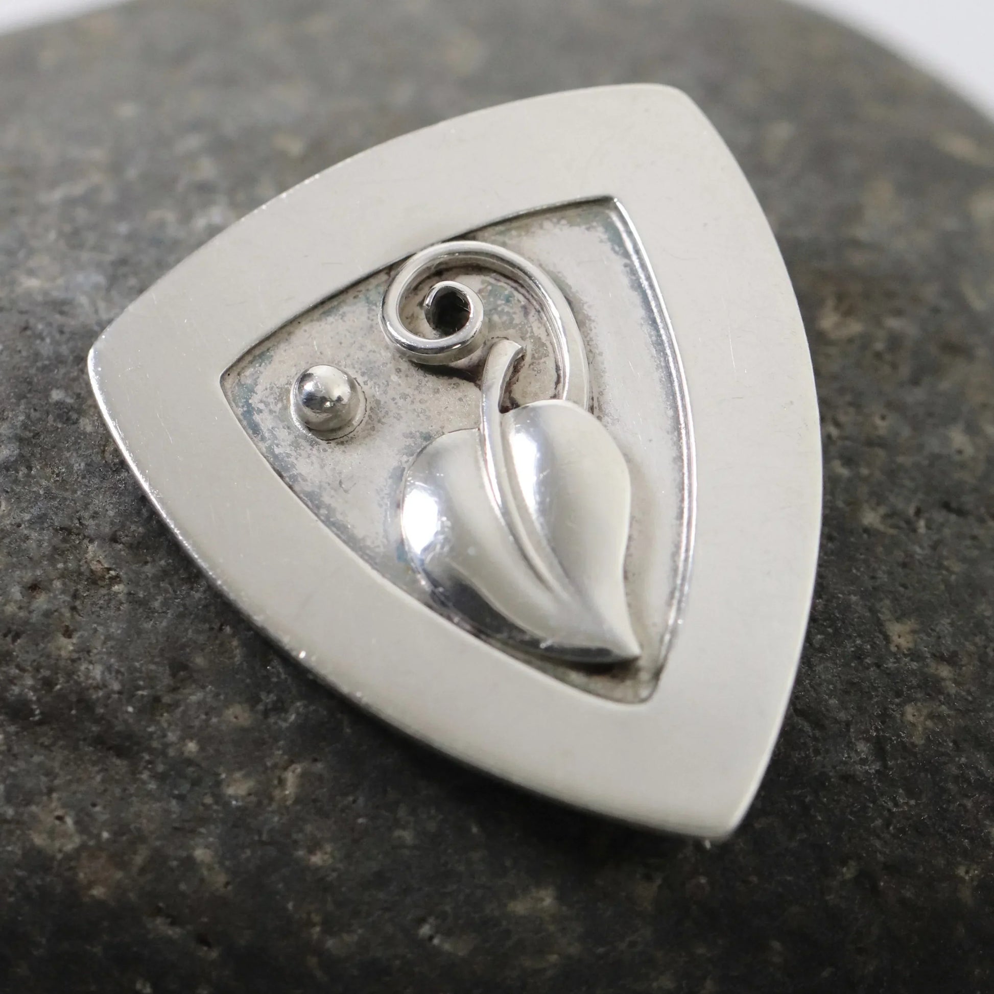 Lawrence Foss Leaf Brooch | Vintage Sterling Silver | Silver Cabochon Mid-Century USA - Carmel Fine Silver Jewelry