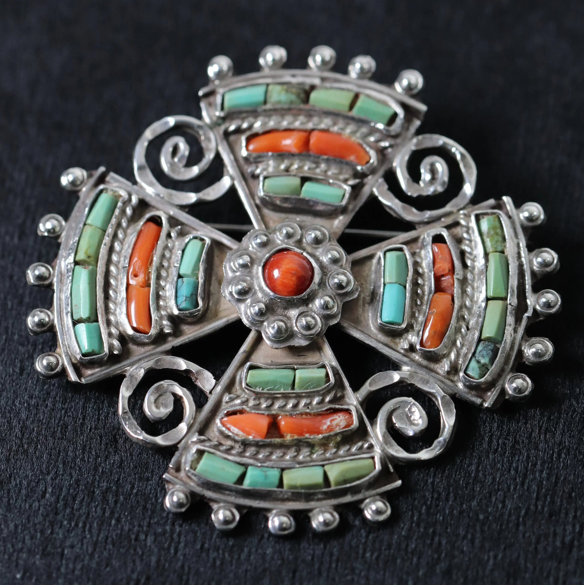 MATL Brooch | Matilde Poulat Coral and Turquoise Cross Pin | Vintage Sterling Silver Mexico - Carmel Fine Silver Jewelry