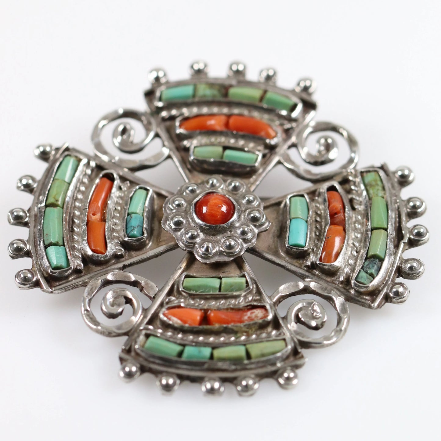MATL Brooch | Matilde Poulat Coral and Turquoise Cross Pin | Vintage Sterling Silver Mexico - Carmel Fine Silver Jewelry