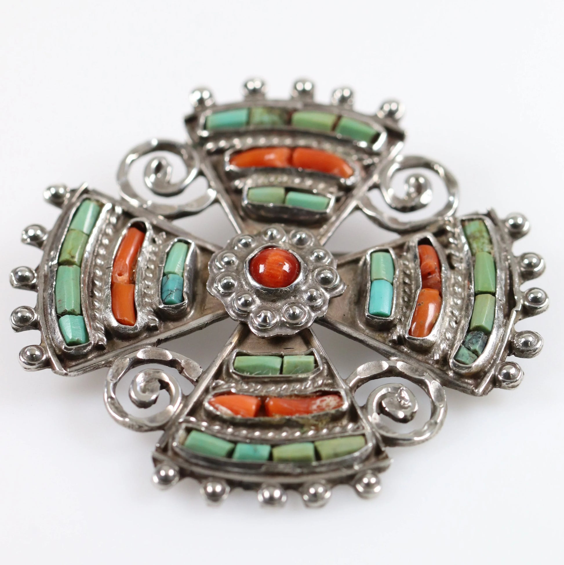 MATL Brooch | Matilde Poulat Coral and Turquoise Cross Pin | Vintage Sterling Silver Mexico - Carmel Fine Silver Jewelry