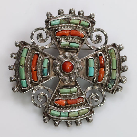 MATL Brooch | Matilde Poulat Coral and Turquoise Cross Pin | Vintage Sterling Silver Mexico - Carmel Fine Silver Jewelry