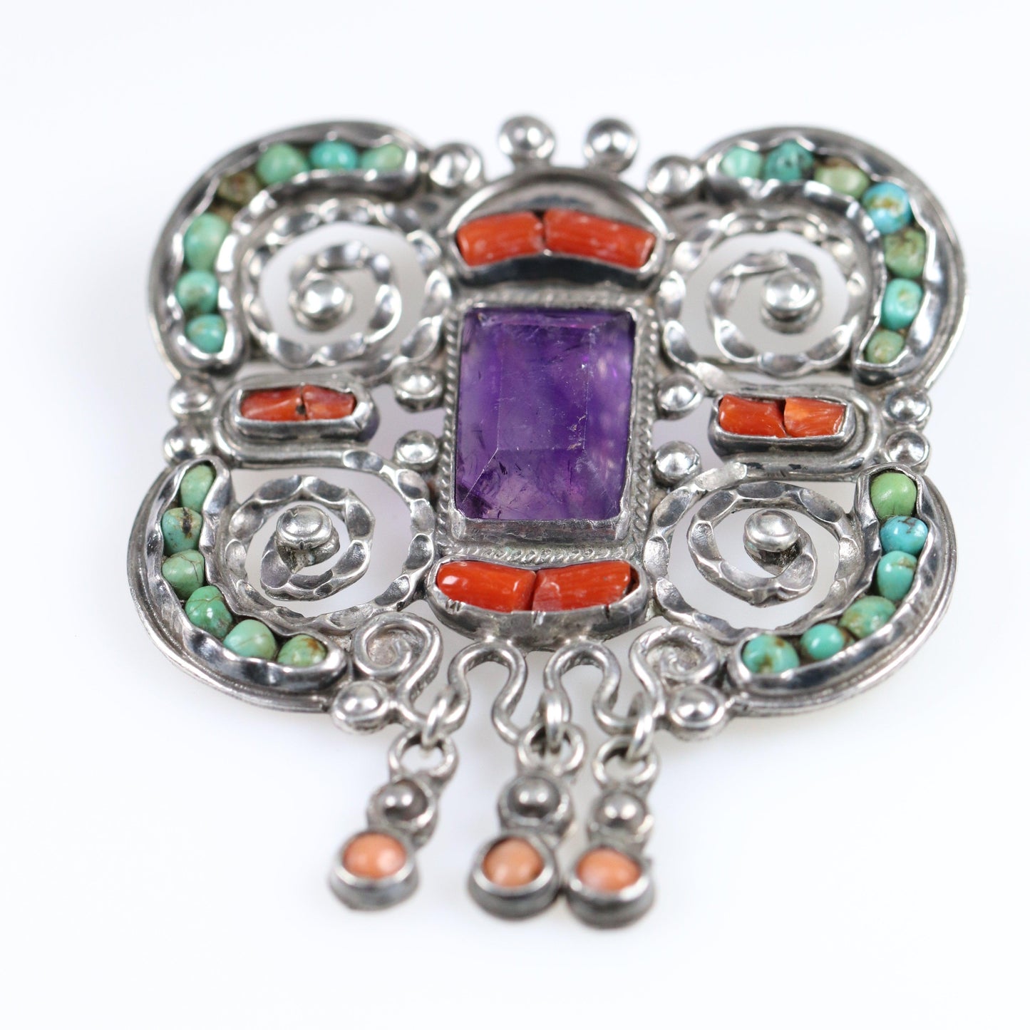 MATL Brooch | Ricardo Salas Amethyst, Coral, Tourquoise Pin | Vintage Sterling Silver Mexico - Carmel Fine Silver Jewelry