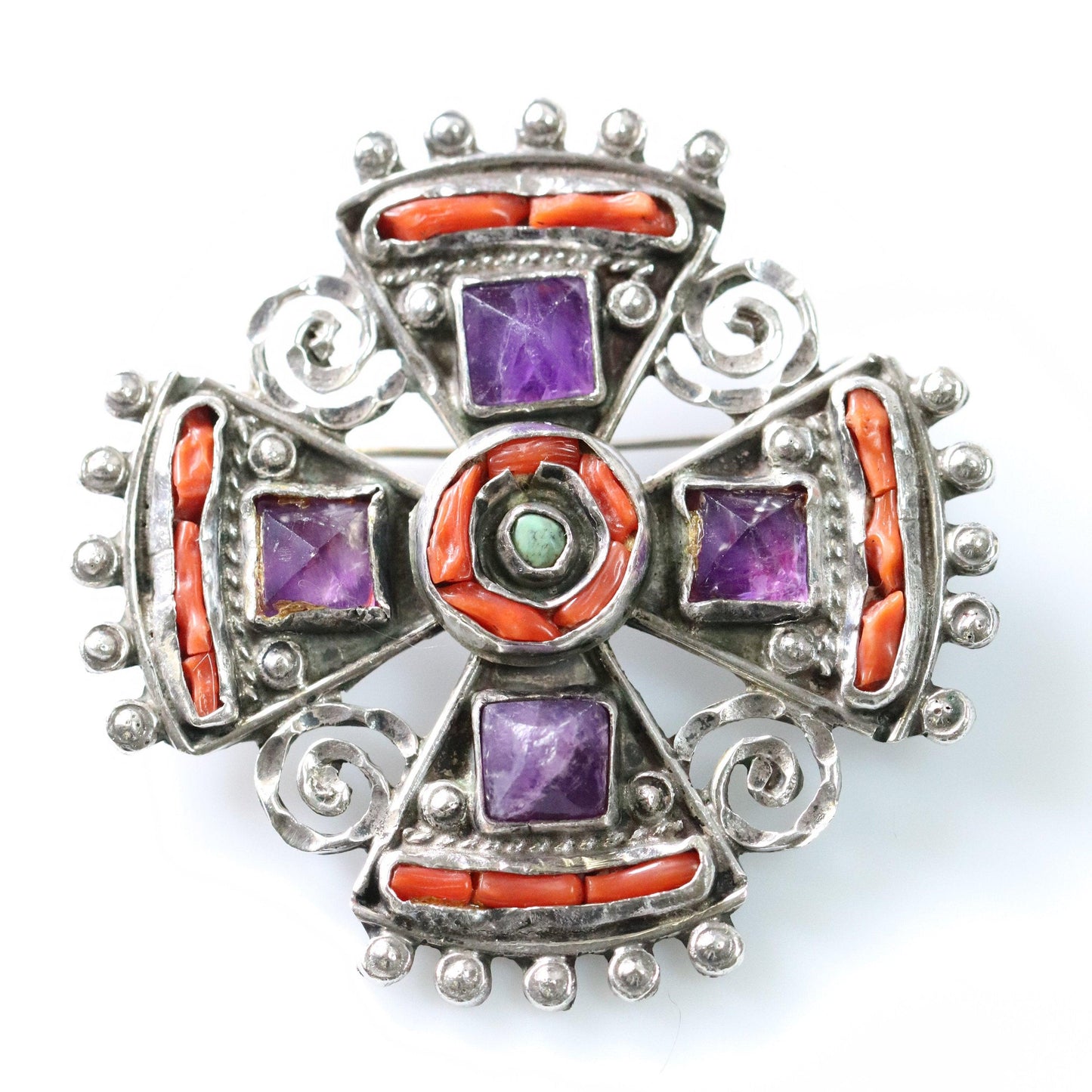 MATL Brooch | Ricardo Salas Amethyst Cross Pin | Vintage Sterling Silver Mexico - Carmel Fine Silver Jewelry