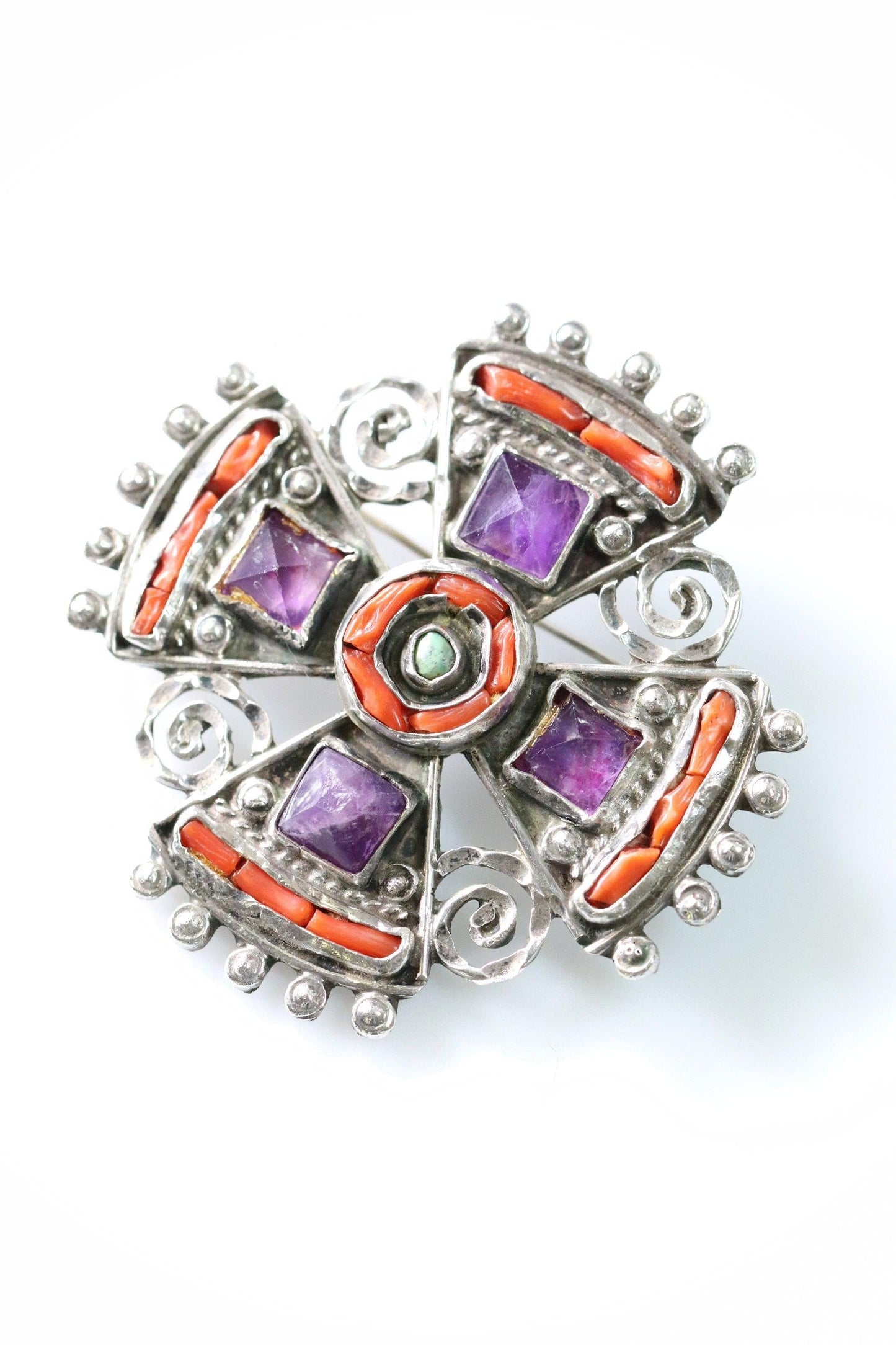MATL Brooch | Ricardo Salas Amethyst Cross Pin | Vintage Sterling Silver Mexico - Carmel Fine Silver Jewelry