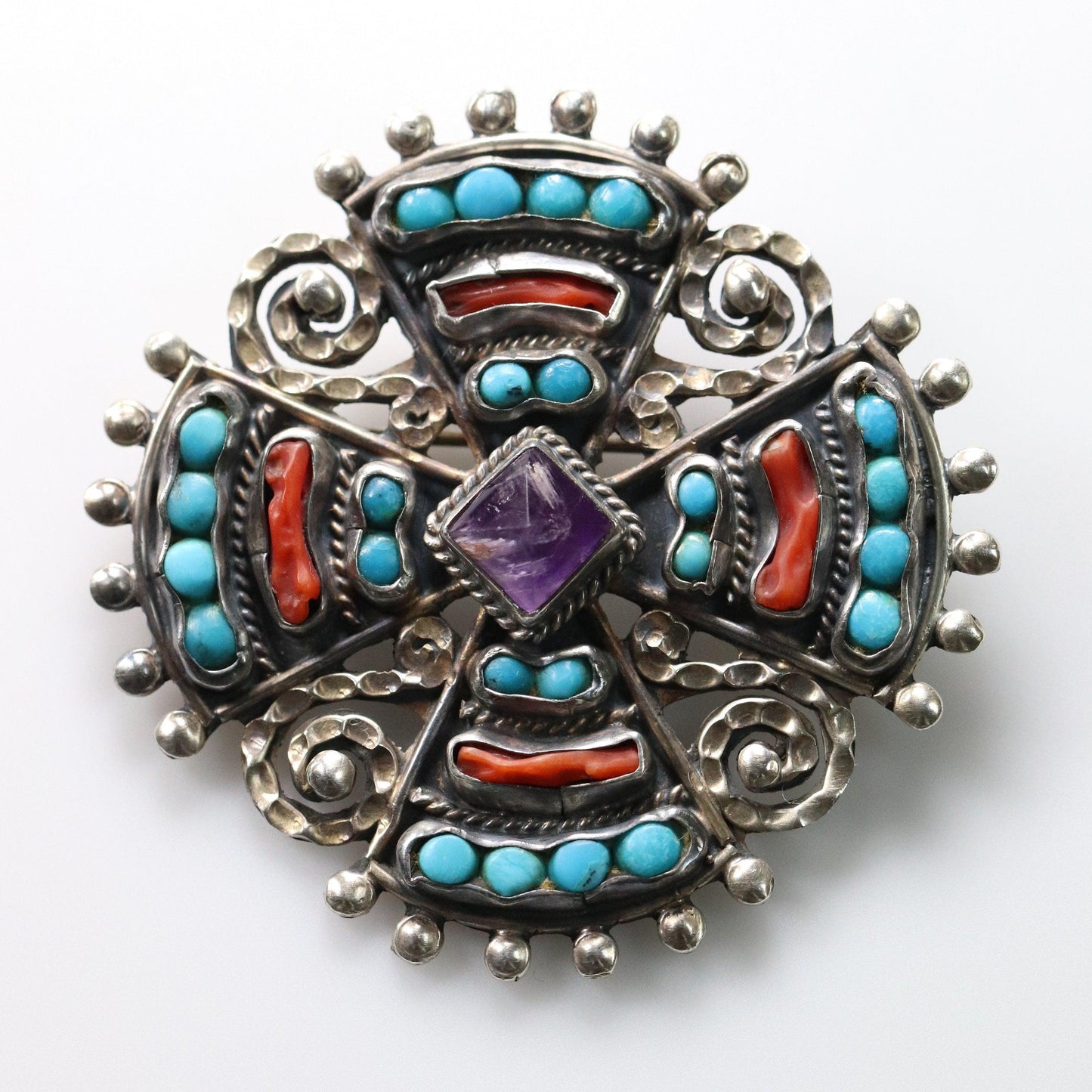 MATL Brooch | Ricardo Salas Multi-Gem Cross Pin | Vintage Sterling Silver Mexico - Carmel Fine Silver Jewelry