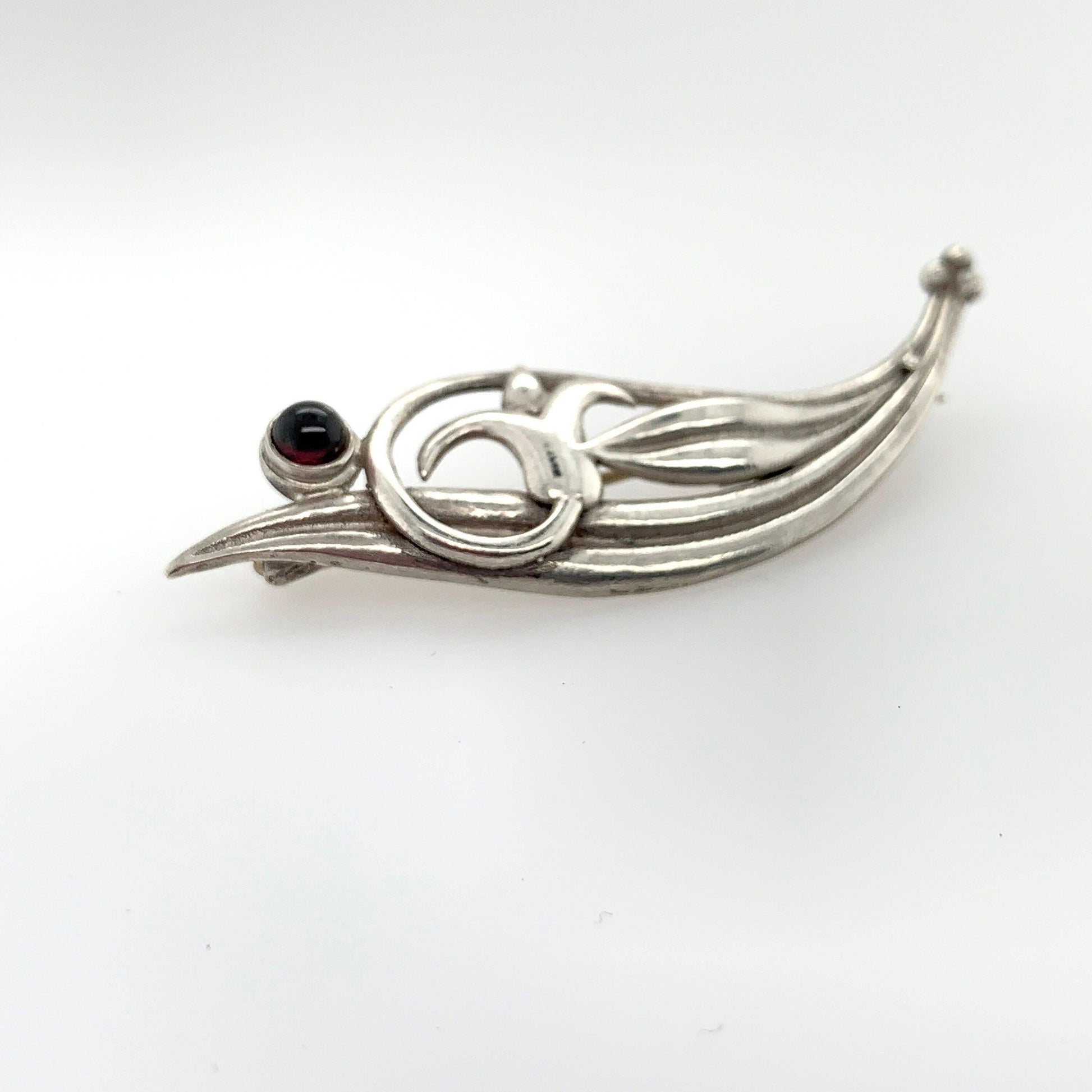 Mid-Century Modernist Brooch with Small Red Cabochon Stone | Vintage Sterling Silver - Carmel FSJ