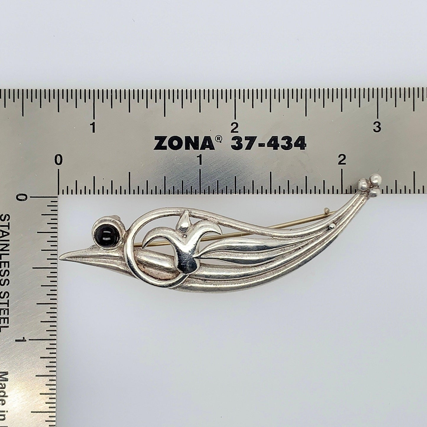 Mid-Century Modernist Brooch with Small Red Cabochon Stone | Vintage Sterling Silver - Carmel FSJ