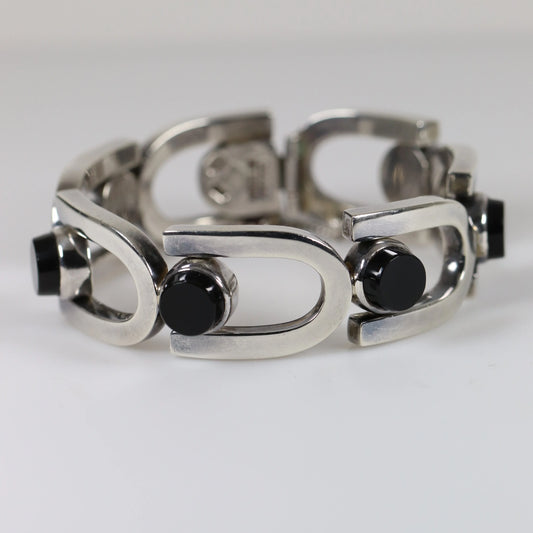 SOLD OUT: Antonio Pineda Bracelet | Taxco Mid-Century Modernist Horseshoe-Link Onyx | Vintage 970 Sterling Silver Mexico - Carmel Fine Silver Jewelry