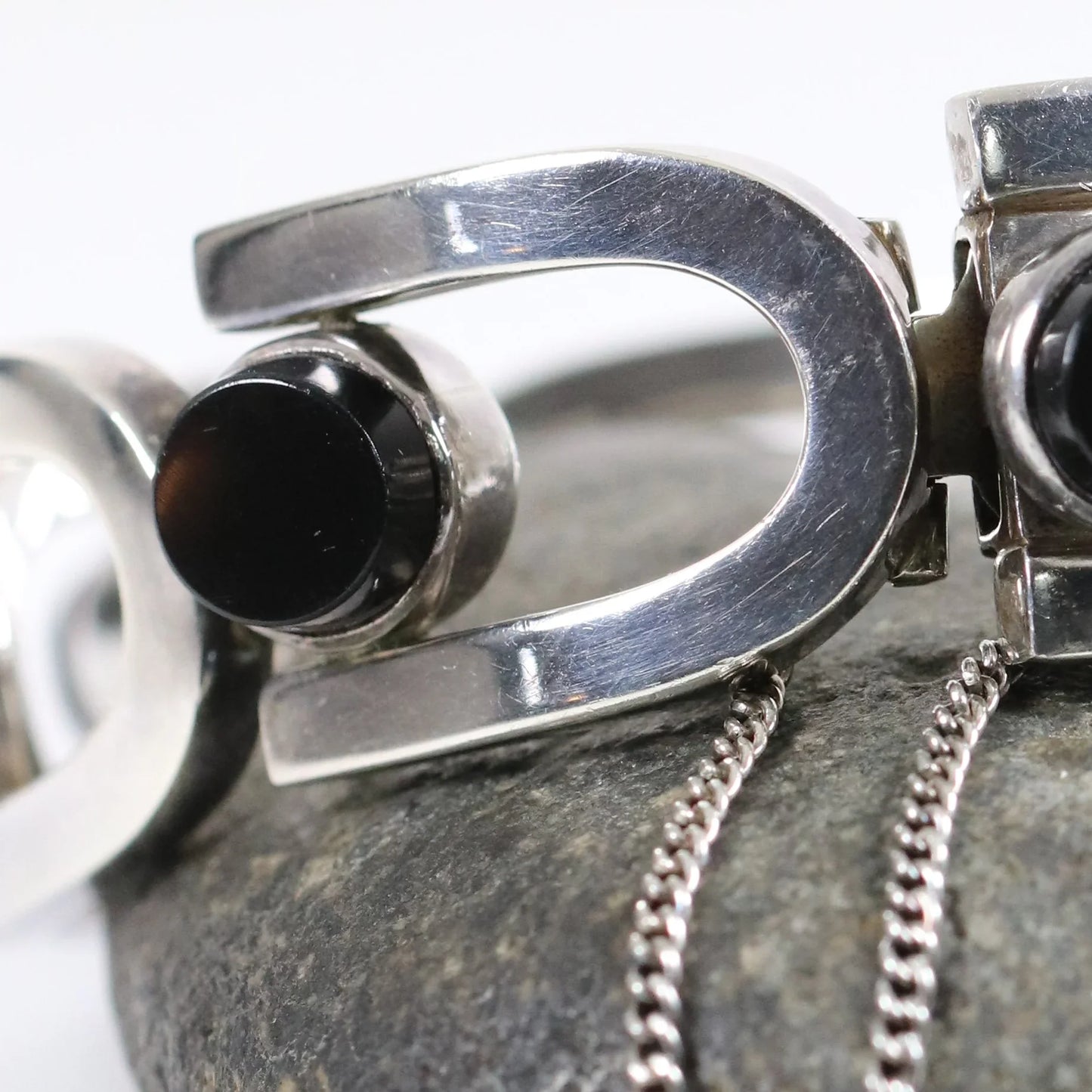 SOLD OUT: Antonio Pineda Bracelet | Taxco Mid-Century Modernist Horseshoe-Link Onyx | Vintage 970 Sterling Silver Mexico - Carmel Fine Silver Jewelry
