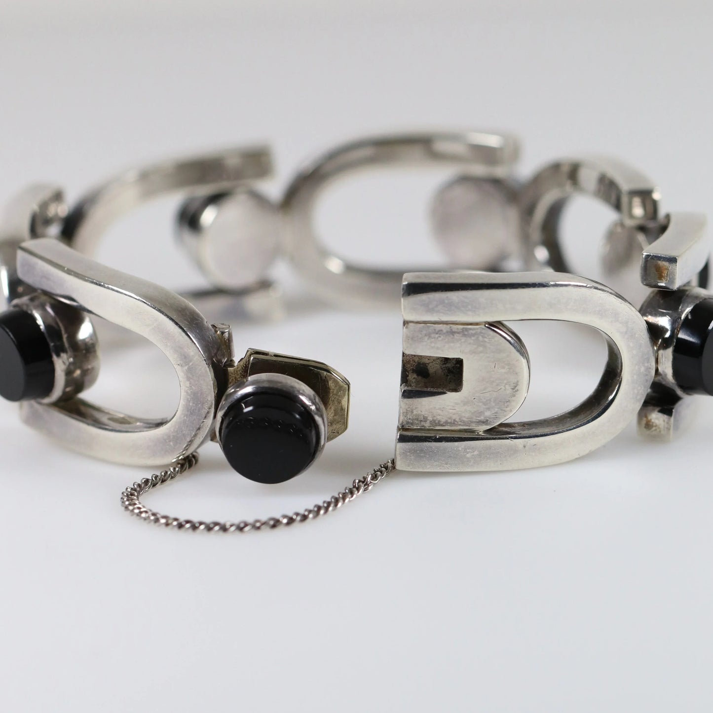 SOLD OUT: Antonio Pineda Bracelet | Taxco Mid-Century Modernist Horseshoe-Link Onyx | Vintage 970 Sterling Silver Mexico - Carmel Fine Silver Jewelry