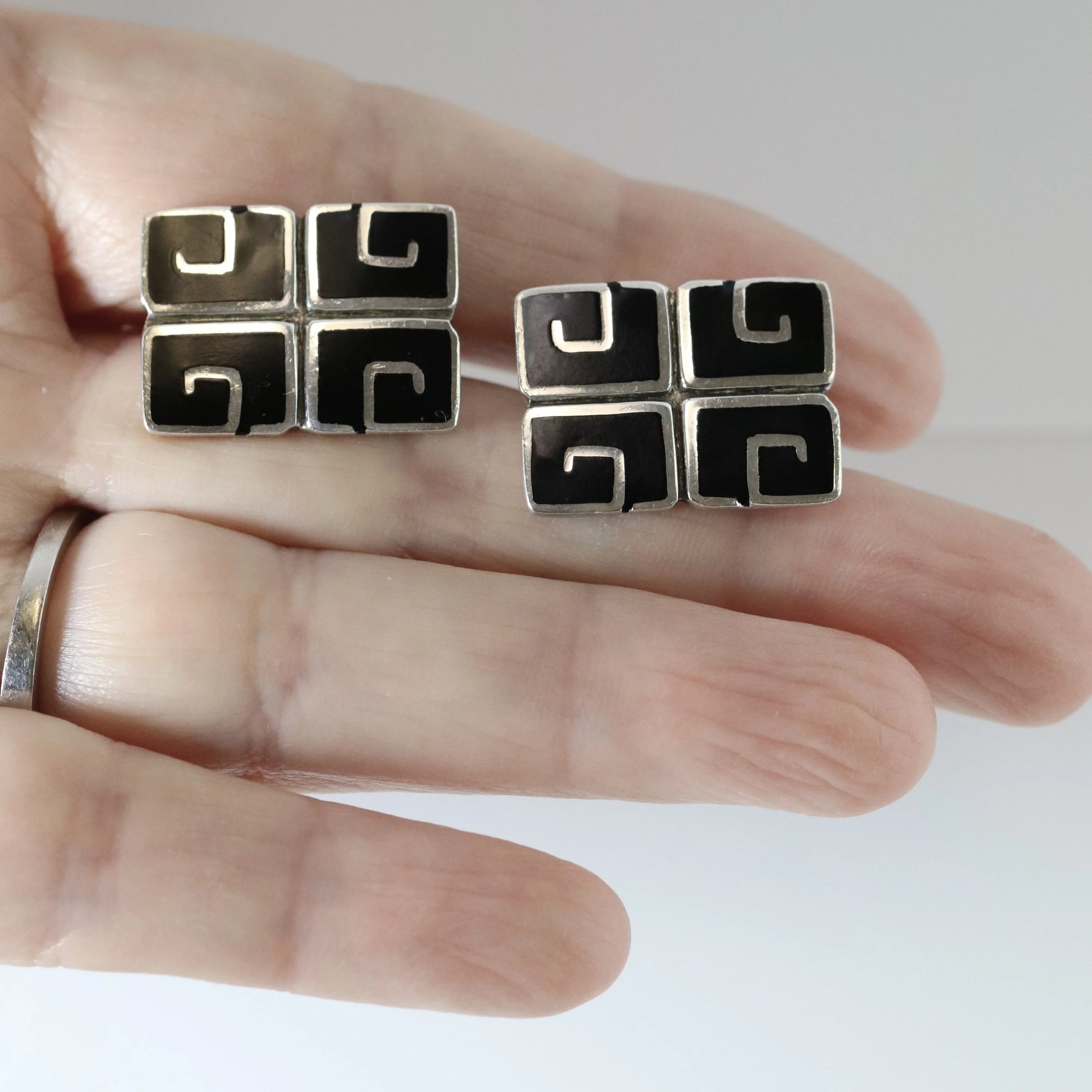 SOLD OUT: BLACK ENAMEL MARGOT DE TAXCO CUFFLINKS - Carmel Fine Silver Jewelry