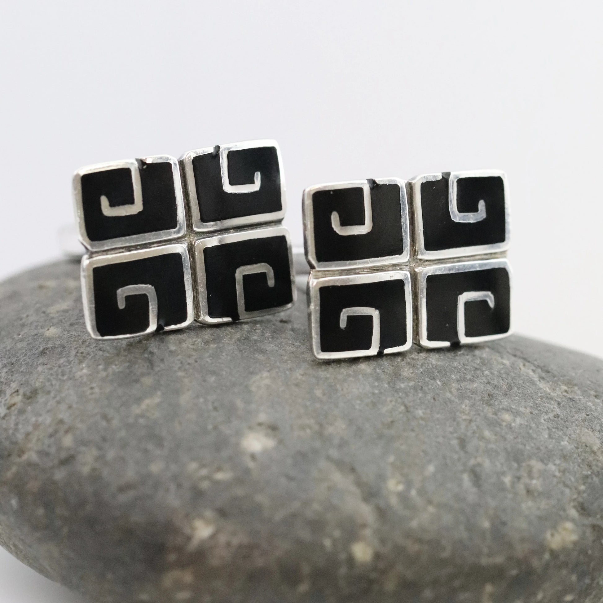 SOLD OUT: BLACK ENAMEL MARGOT DE TAXCO CUFFLINKS - Carmel Fine Silver Jewelry