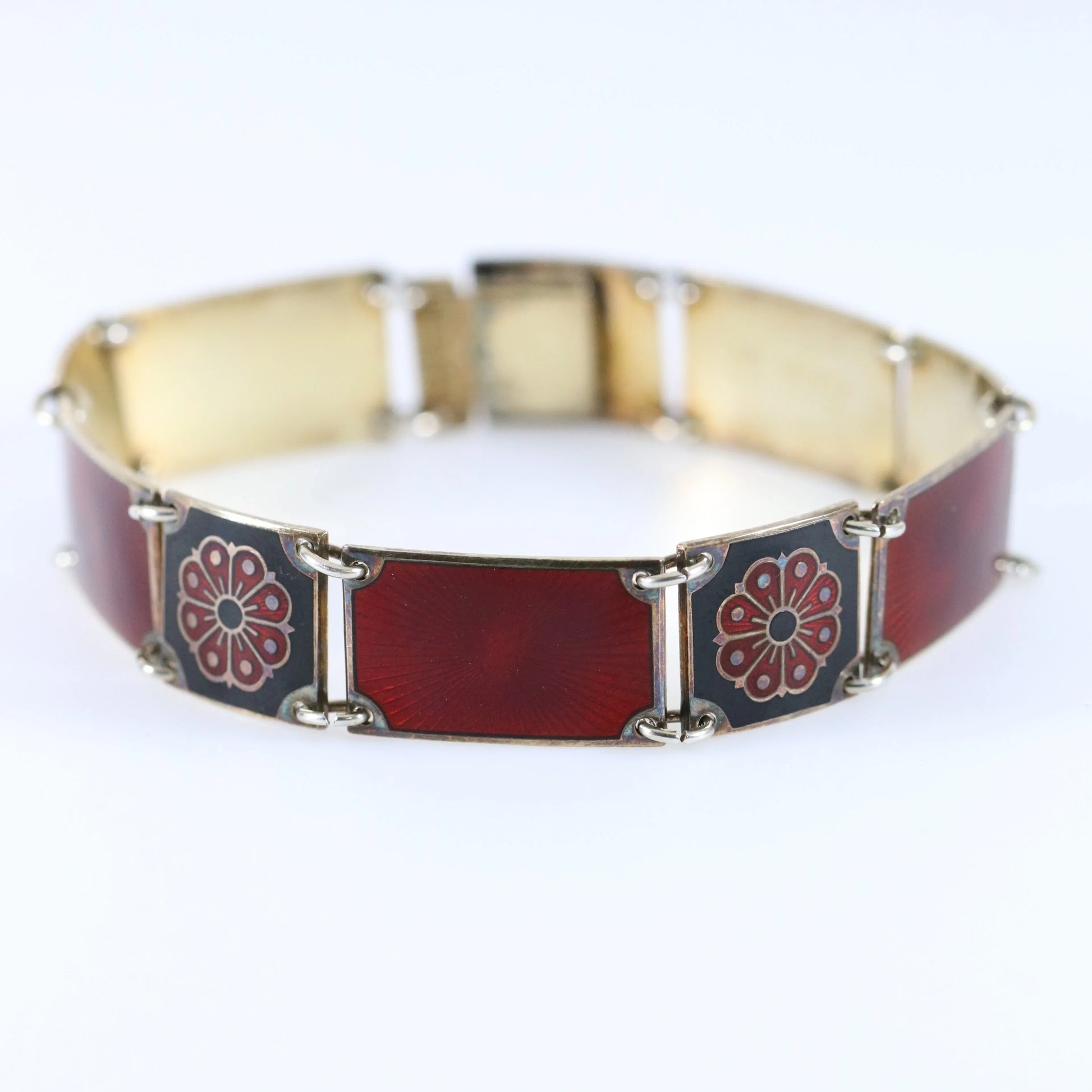 SOLD OUT: David Andersen Enamel Bracelet | Vintage Sterling Silver| Guilloche Red and Black Panel Bracelet Norway - Carmel Fine Silver Jewelry