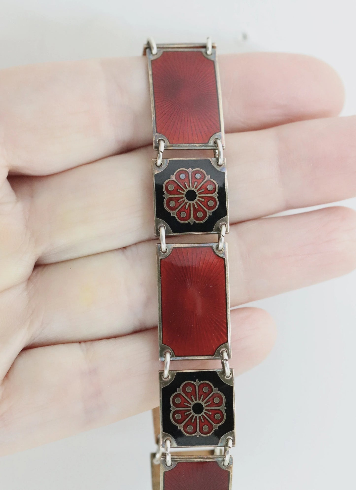 SOLD OUT: David Andersen Enamel Bracelet | Vintage Sterling Silver| Guilloche Red and Black Panel Bracelet Norway - Carmel Fine Silver Jewelry