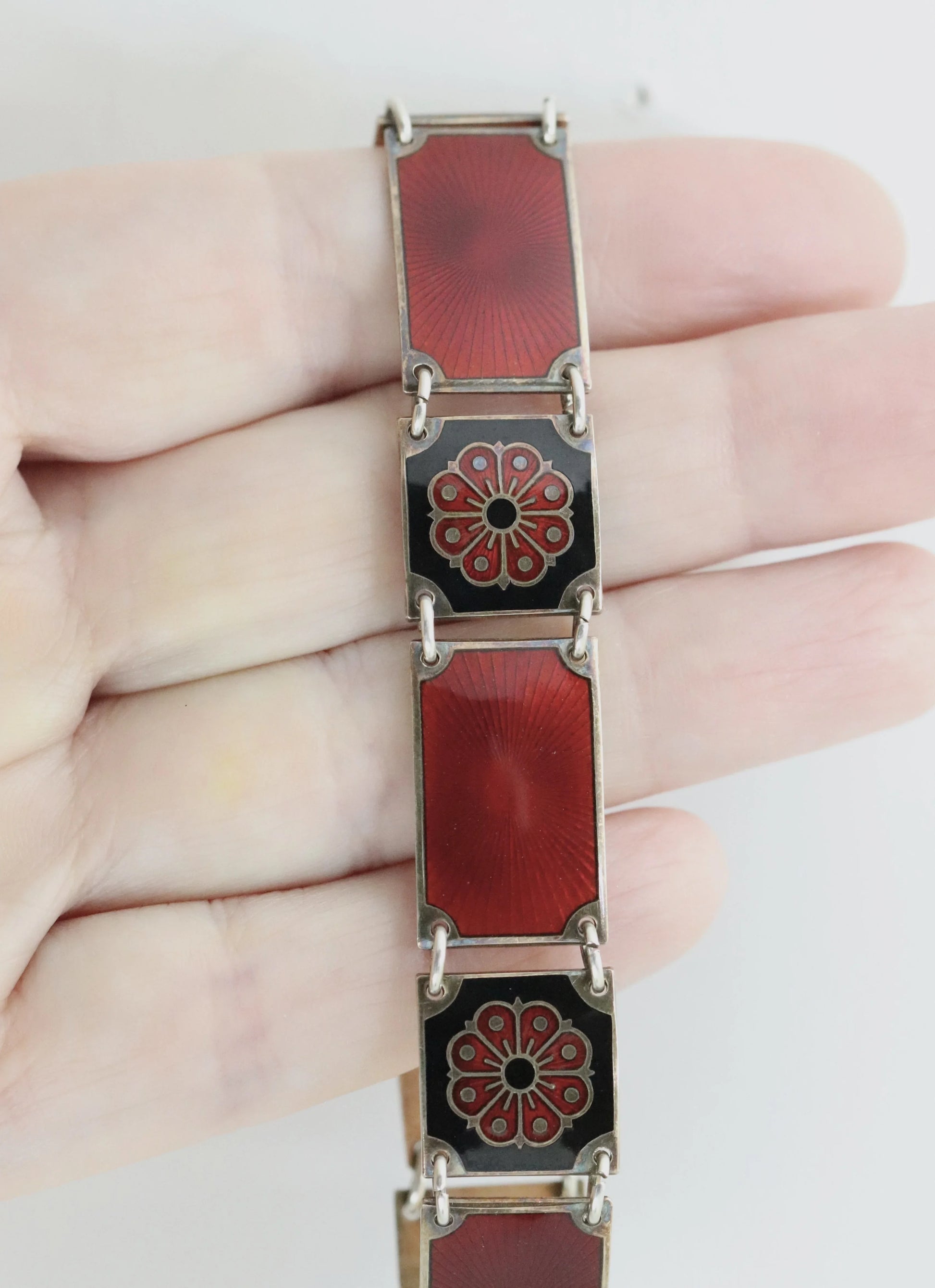 SOLD OUT: David Andersen Enamel Bracelet | Vintage Sterling Silver| Guilloche Red and Black Panel Bracelet Norway - Carmel Fine Silver Jewelry