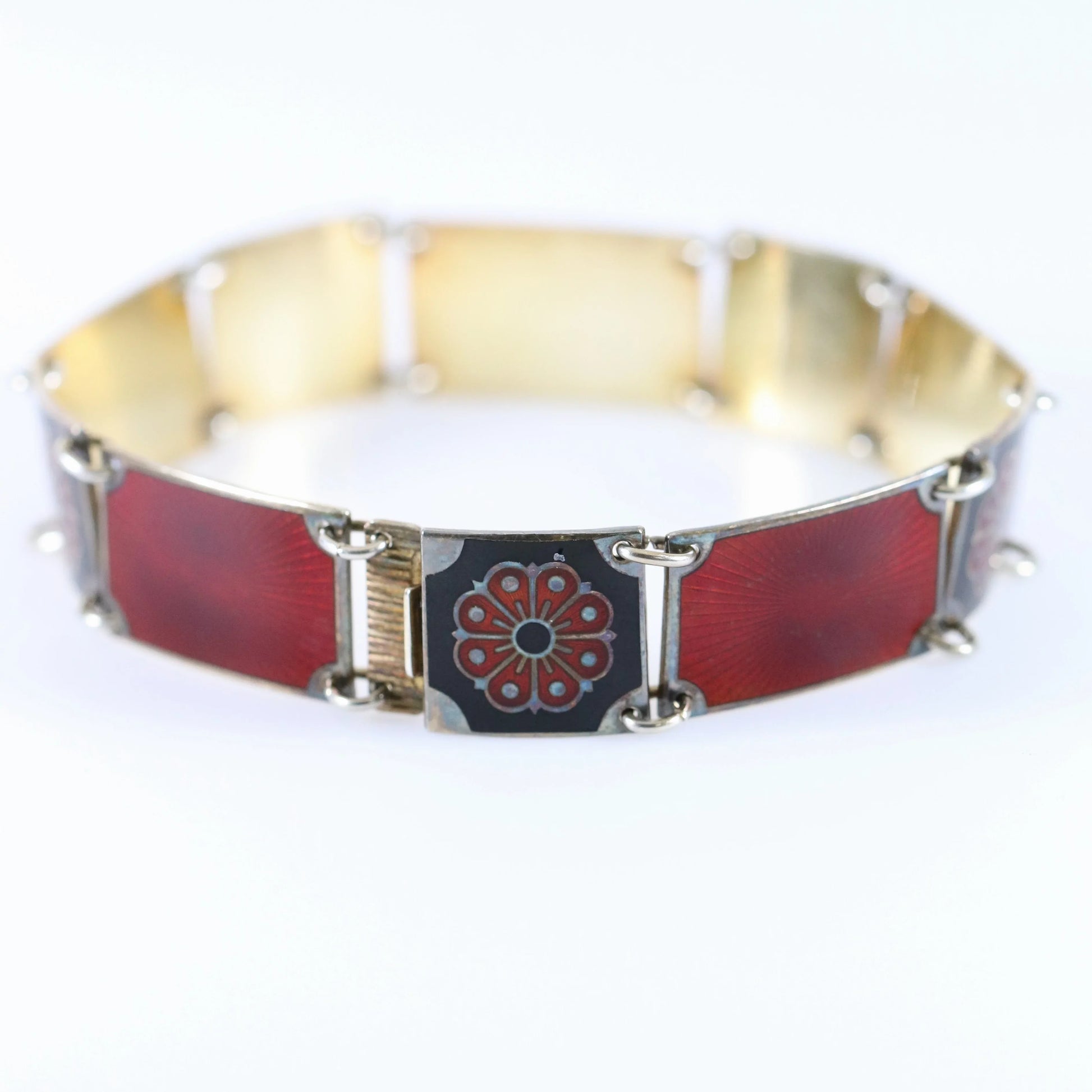 SOLD OUT: David Andersen Enamel Bracelet | Vintage Sterling Silver| Guilloche Red and Black Panel Bracelet Norway - Carmel Fine Silver Jewelry